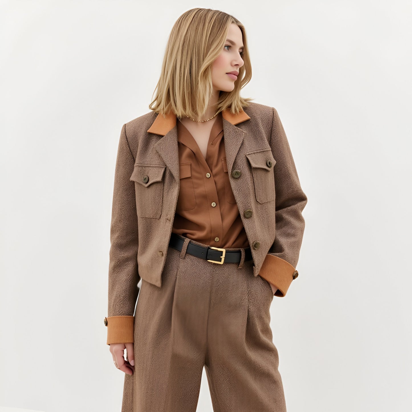 Cropped Blazer Jacket with Contrast Collar, Flap Pockets and Button Cuffs