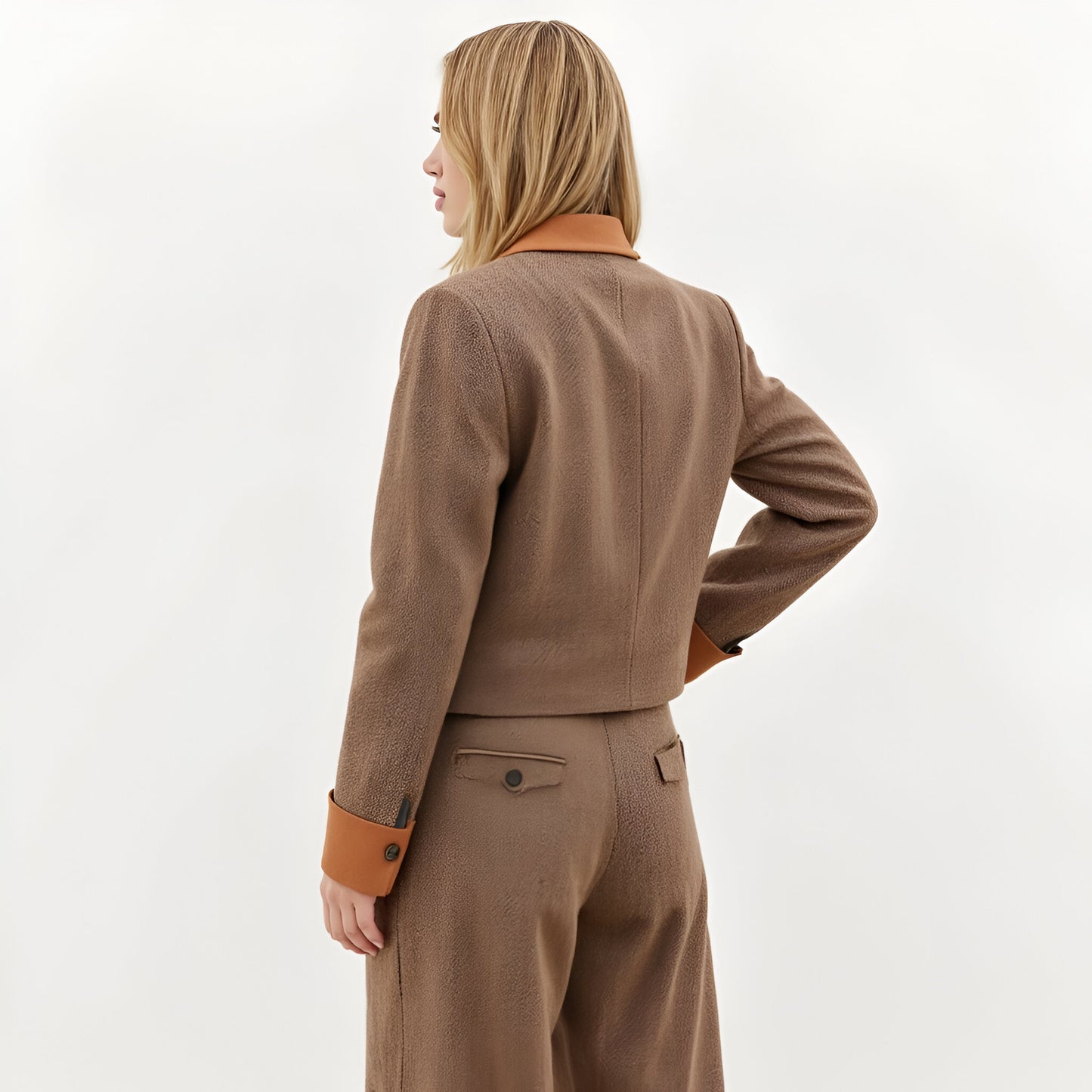 Cropped Blazer Jacket with Contrast Collar, Flap Pockets and Button Cuffs