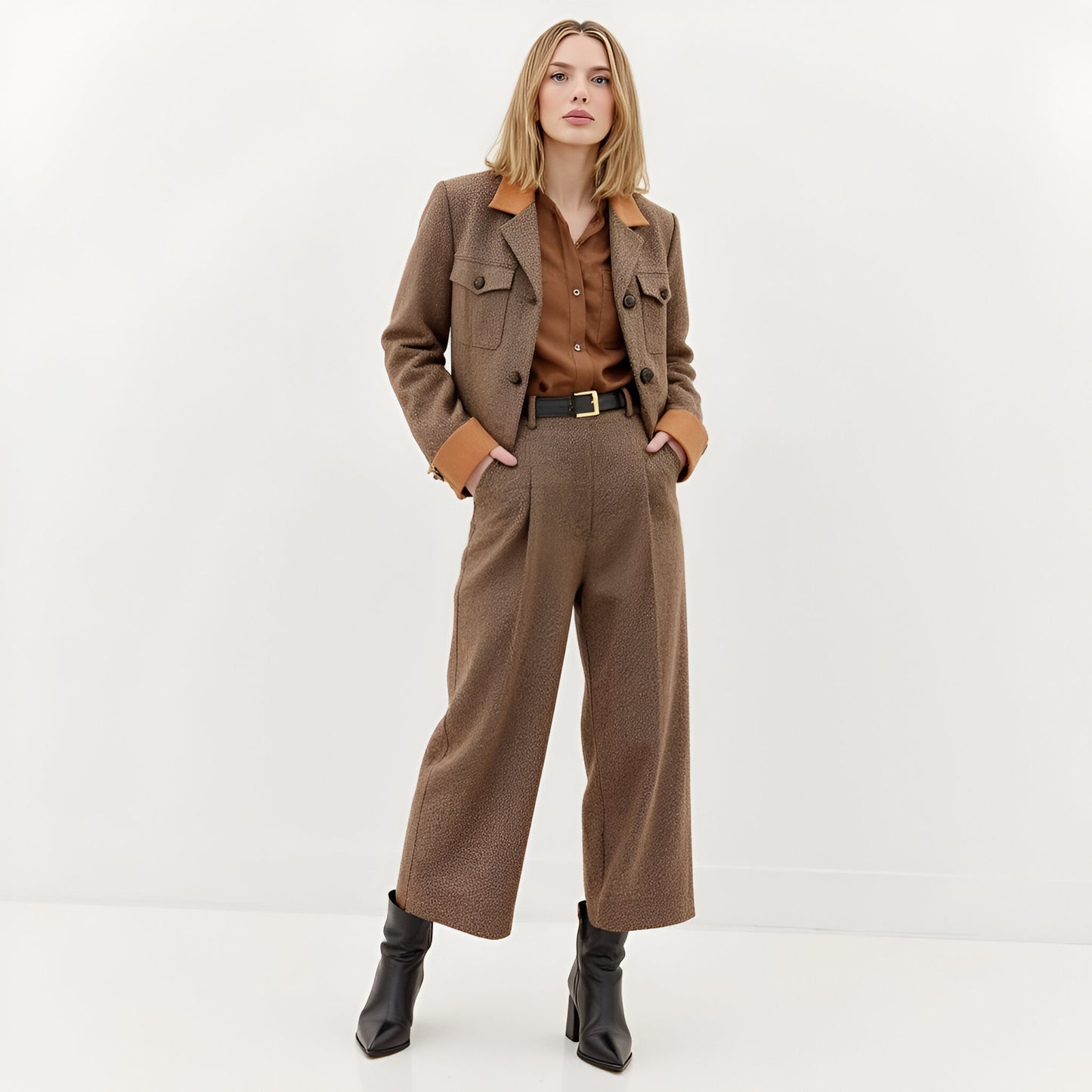 Cropped Blazer Jacket with Contrast Collar, Flap Pockets and Button Cuffs