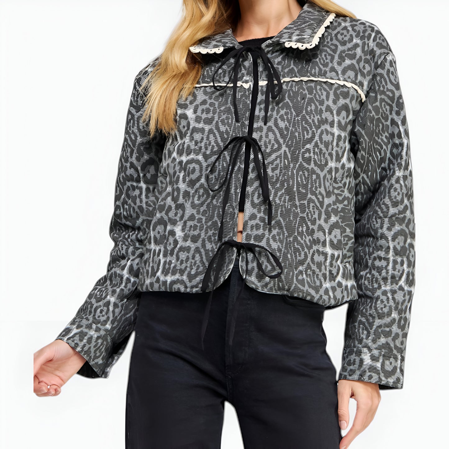 Leopard Jacquard Cropped Jacket with Scallop Collar and Bow Tie Front