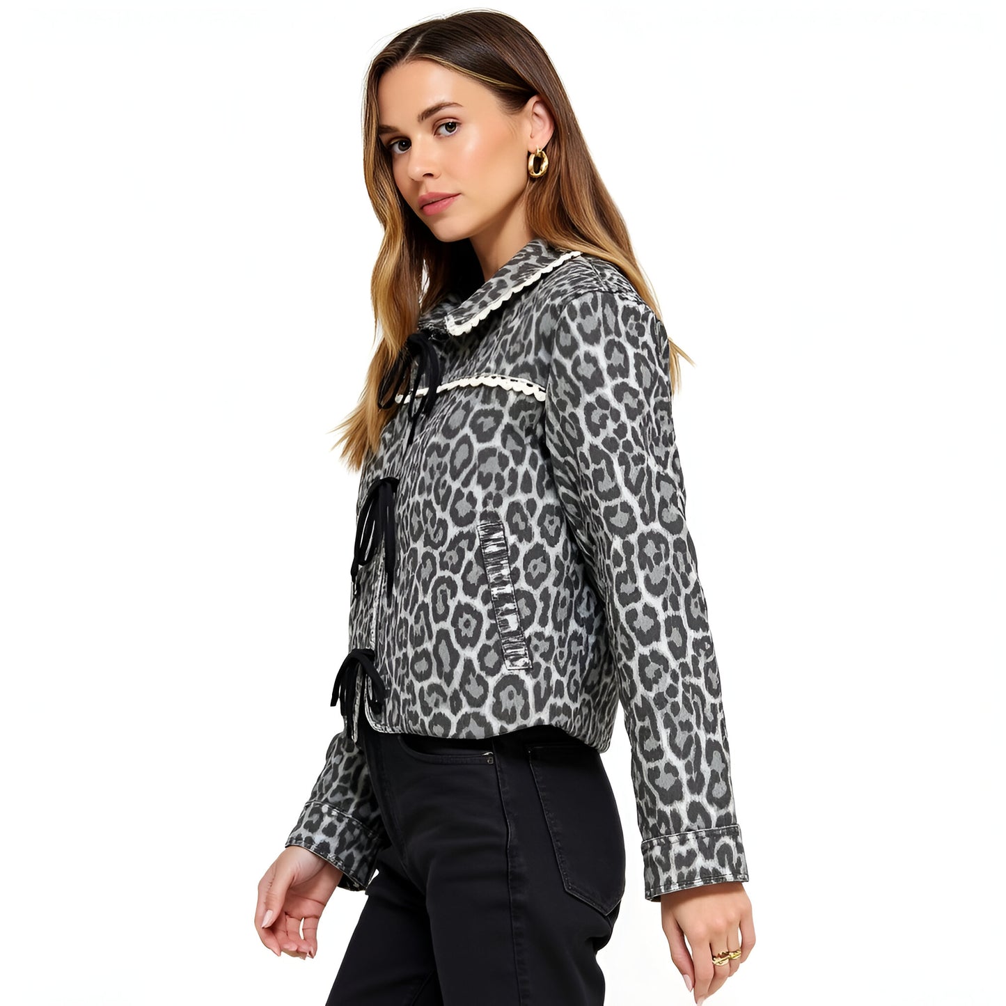 Leopard Jacquard Cropped Jacket with Scallop Collar and Bow Tie Front