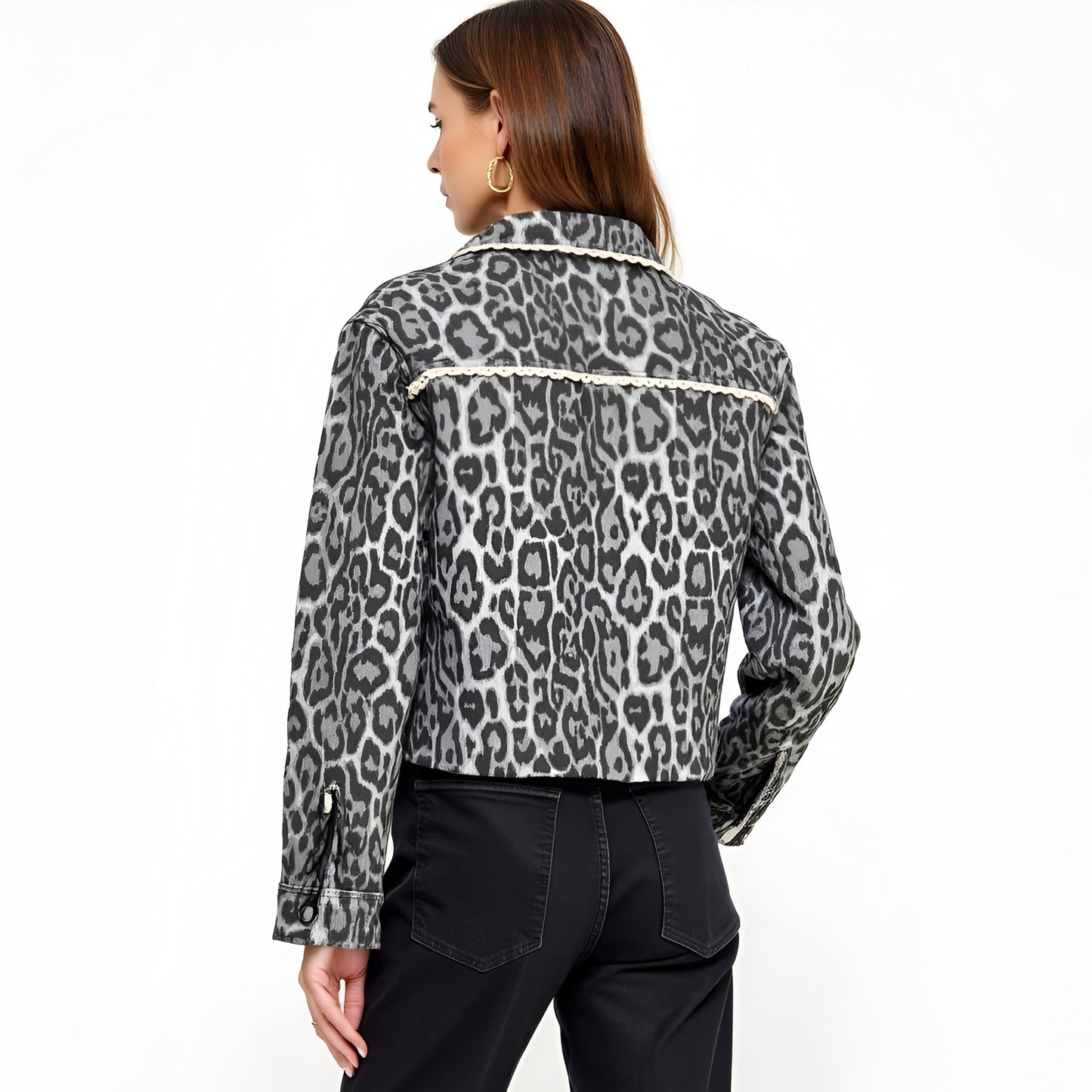 Leopard Jacquard Cropped Jacket with Scallop Collar and Bow Tie Front