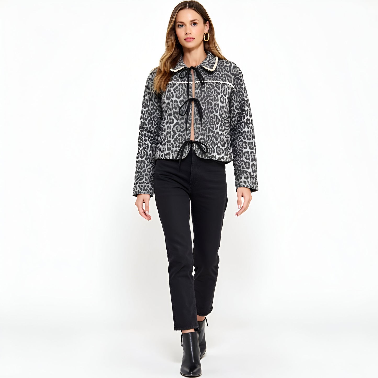 Leopard Jacquard Cropped Jacket with Scallop Collar and Bow Tie Front