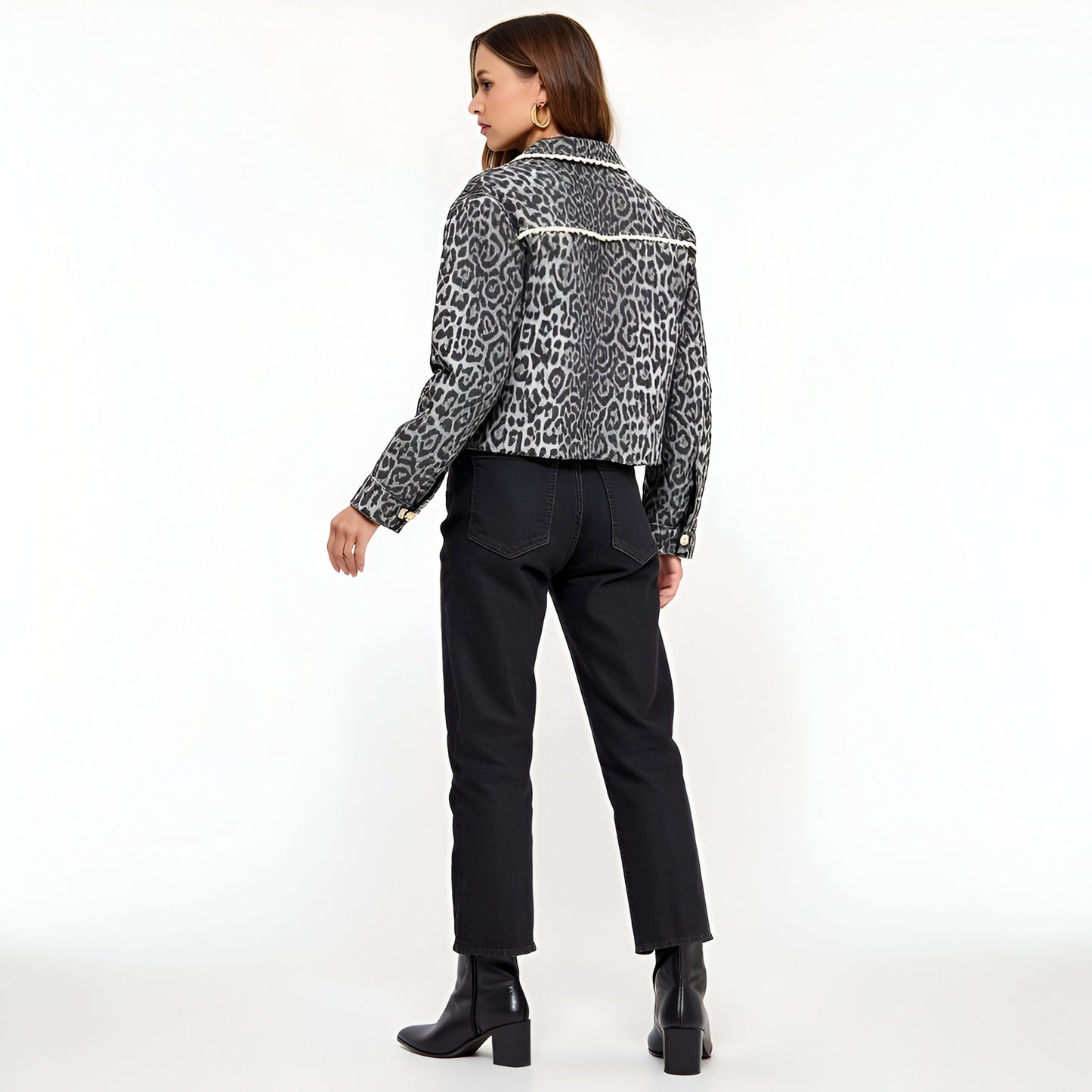 Leopard Jacquard Cropped Jacket with Scallop Collar and Bow Tie Front