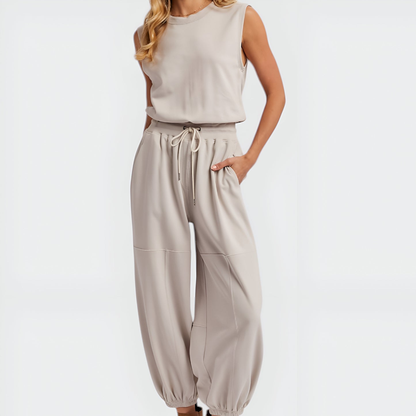 Sleeveless Rib Knit Top and High Waist Jogger Set with Drawstring Waist