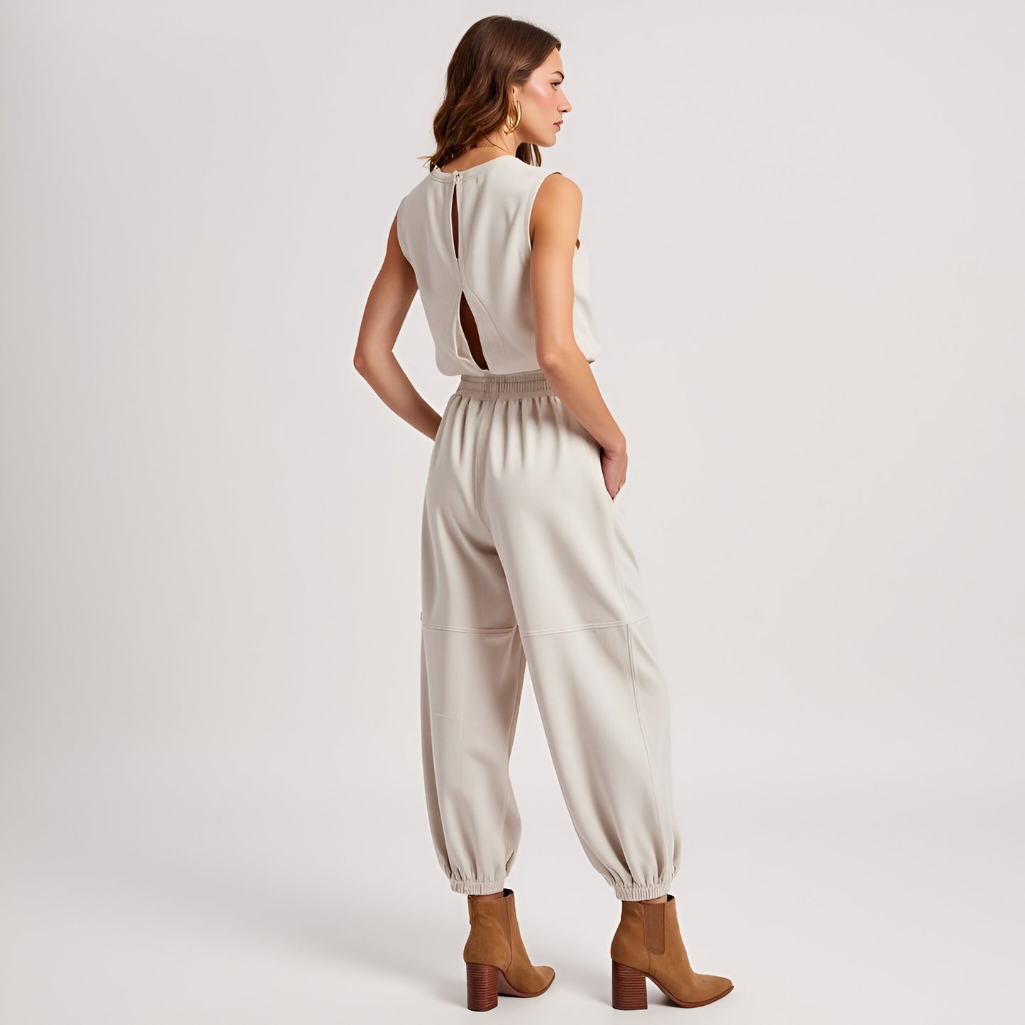Sleeveless Rib Knit Top and High Waist Jogger Set with Drawstring Waist