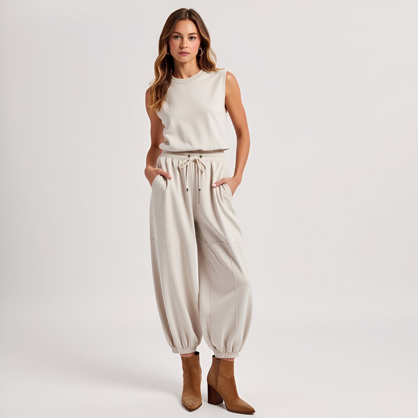 Sleeveless Rib Knit Top and High Waist Jogger Set with Drawstring Waist