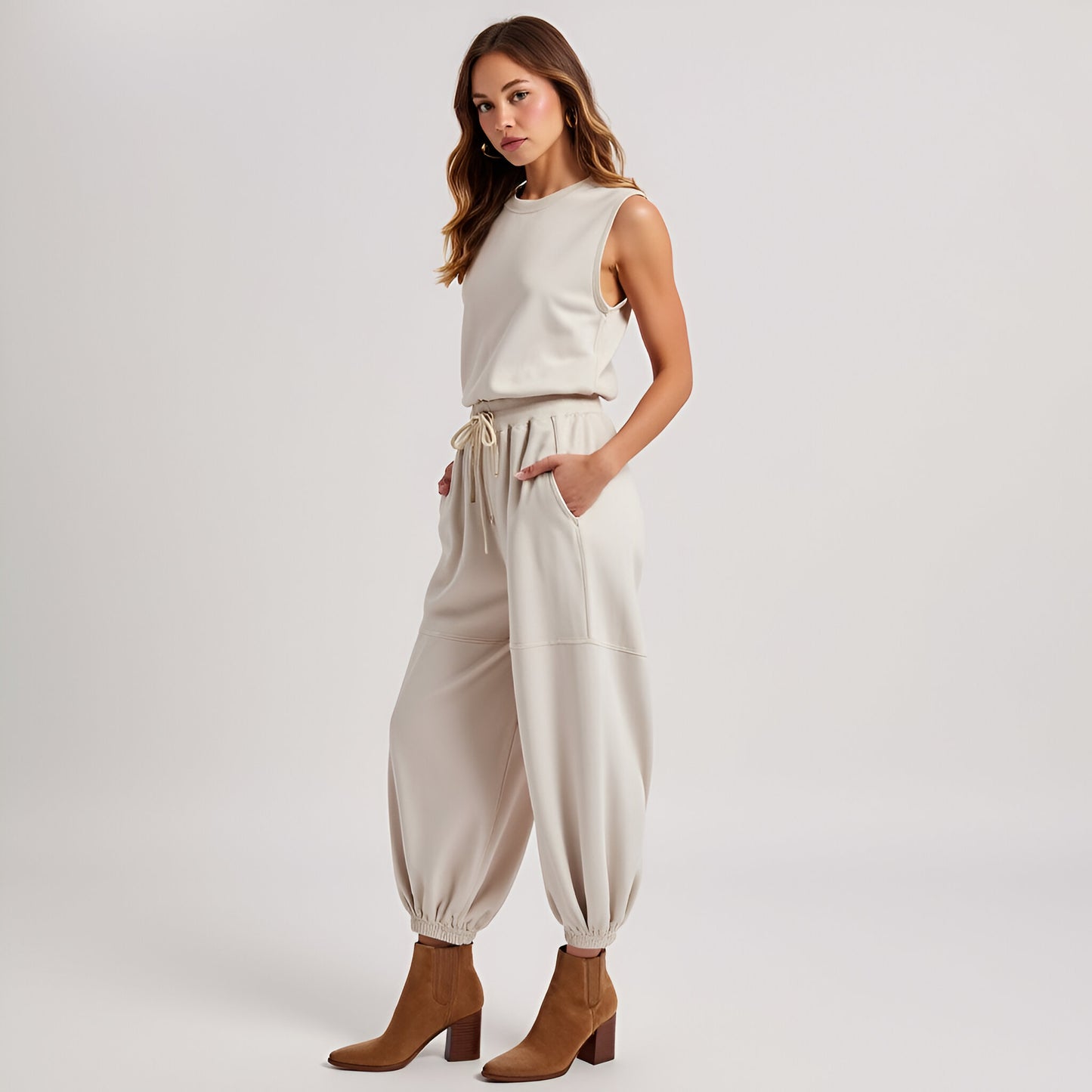 Sleeveless Rib Knit Top and High Waist Jogger Set with Drawstring Waist