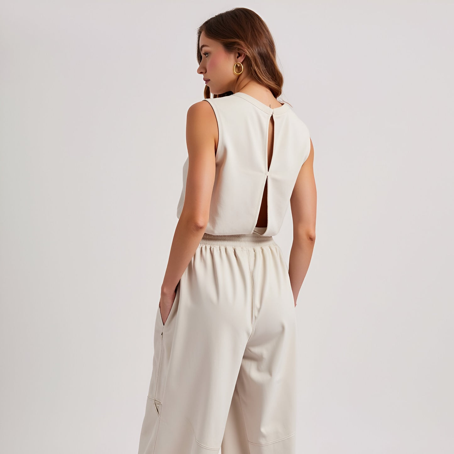 Sleeveless Rib Knit Top and High Waist Jogger Set with Drawstring Waist
