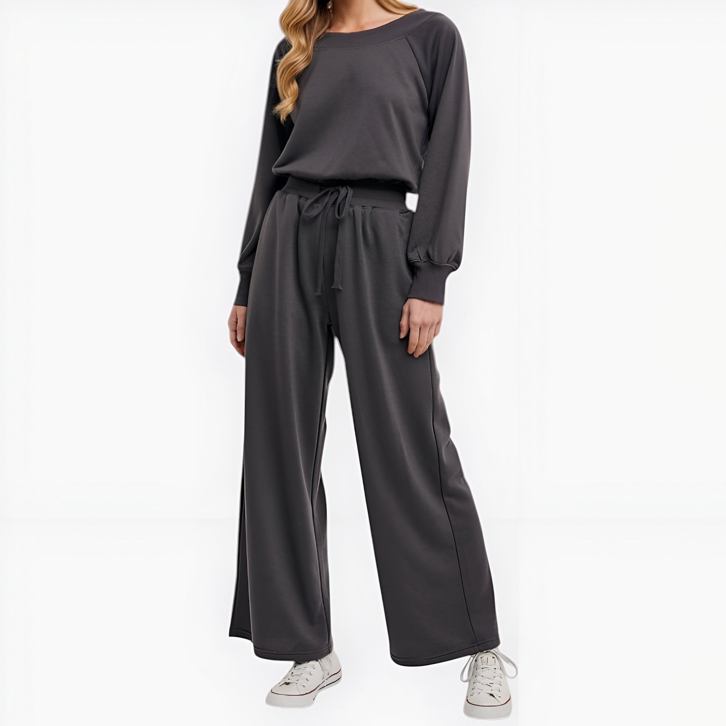 Wide Leg Long Sleeve Crewneck Knit Jumpsuit with Drawstring Waist