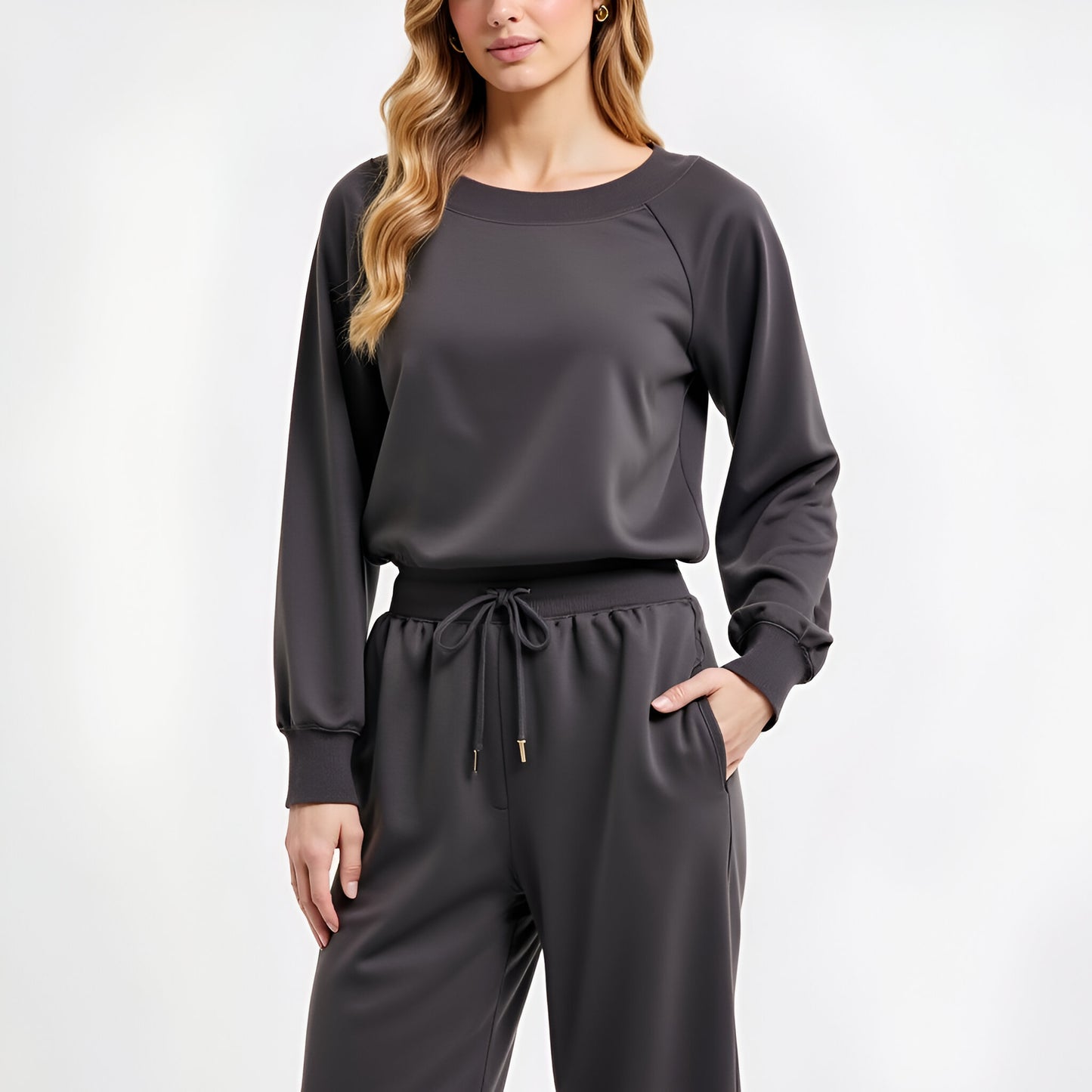 Wide Leg Long Sleeve Crewneck Knit Jumpsuit with Drawstring Waist