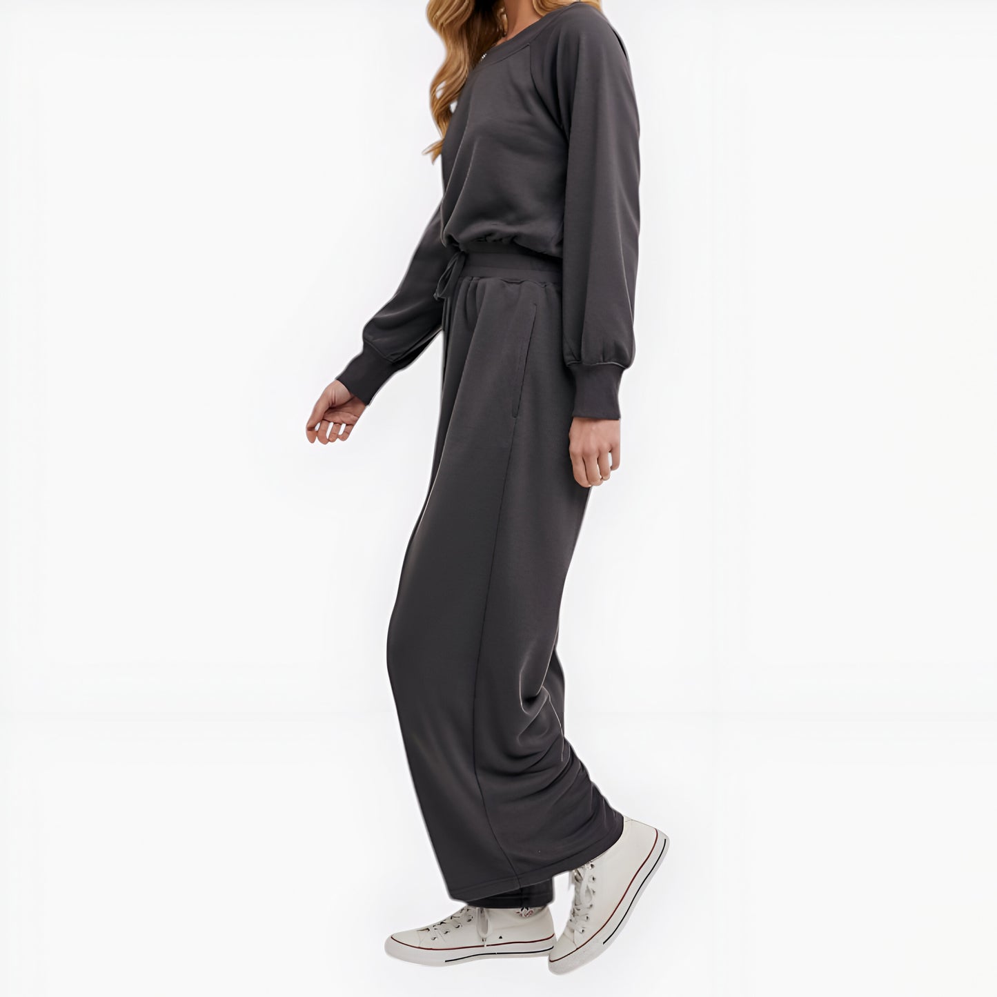 Wide Leg Long Sleeve Crewneck Knit Jumpsuit with Drawstring Waist