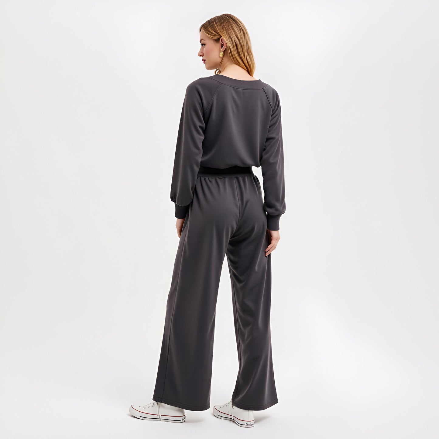 Wide Leg Long Sleeve Crewneck Knit Jumpsuit with Drawstring Waist