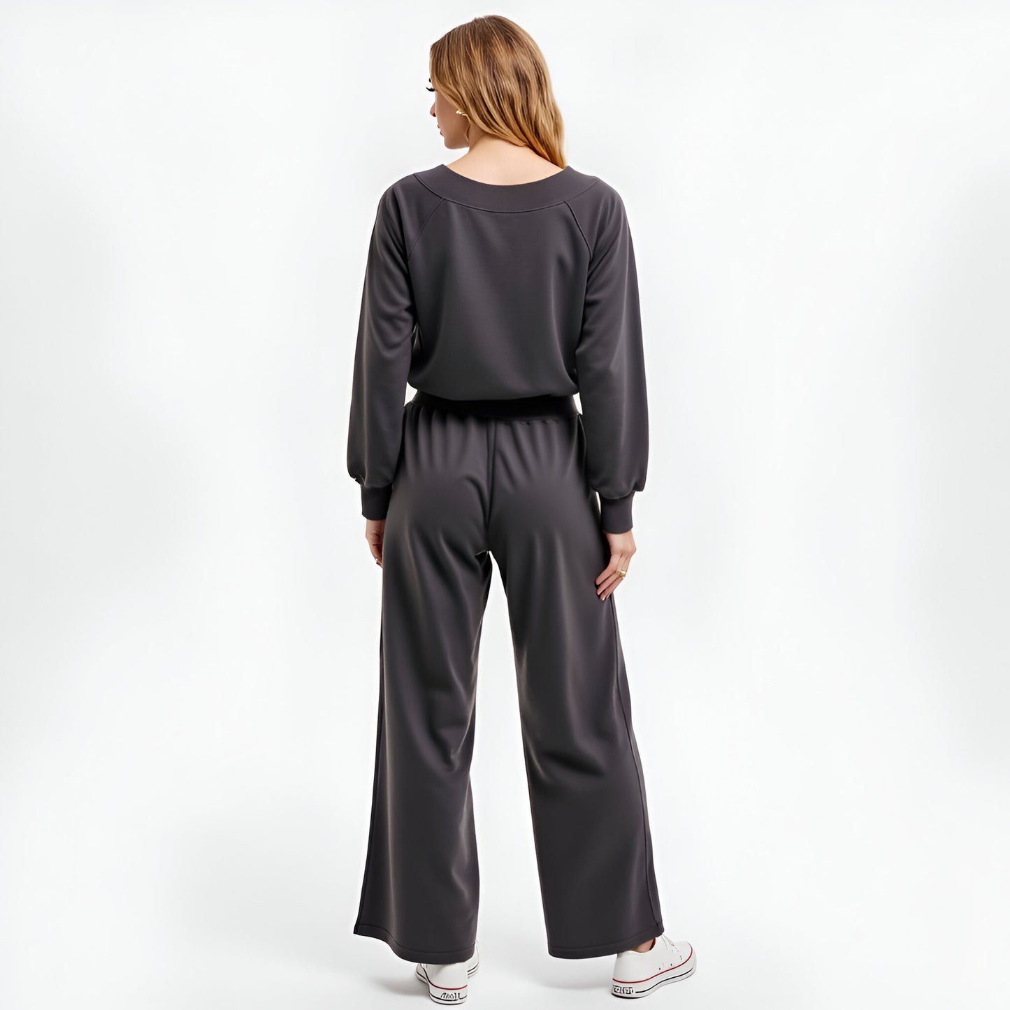 Wide Leg Long Sleeve Crewneck Knit Jumpsuit with Drawstring Waist