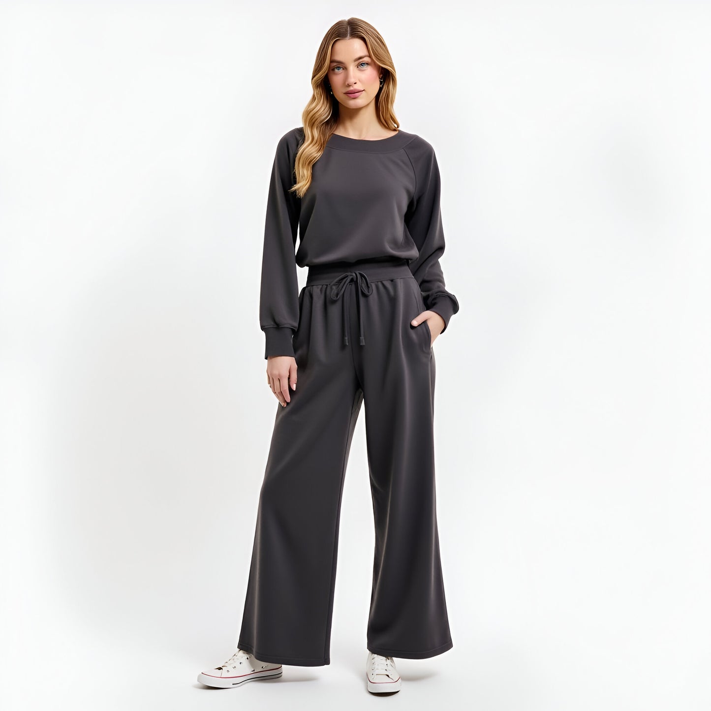 Wide Leg Long Sleeve Crewneck Knit Jumpsuit with Drawstring Waist