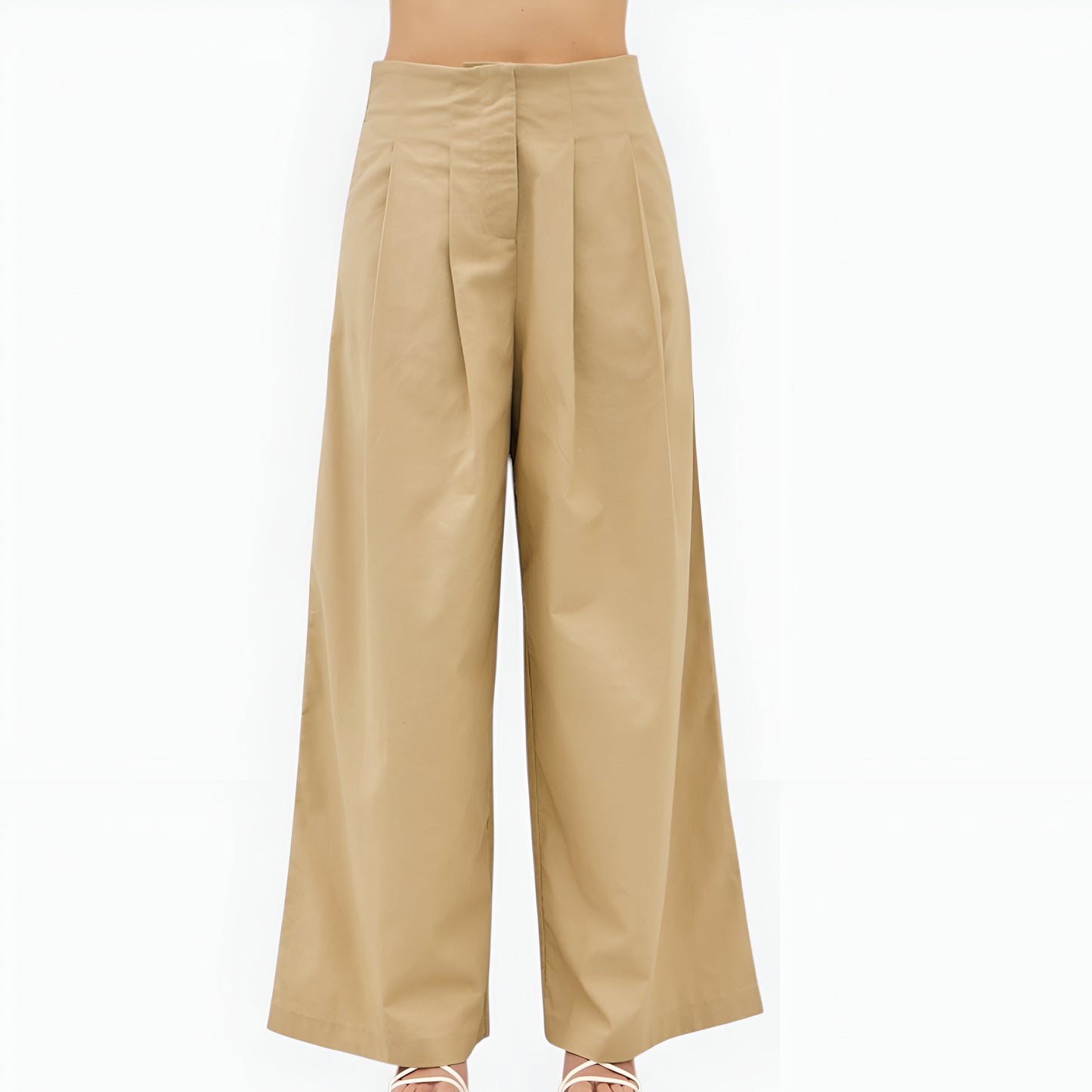 Pleated Wide-Leg Trousers with High Waist, Front Creases and Front Zip