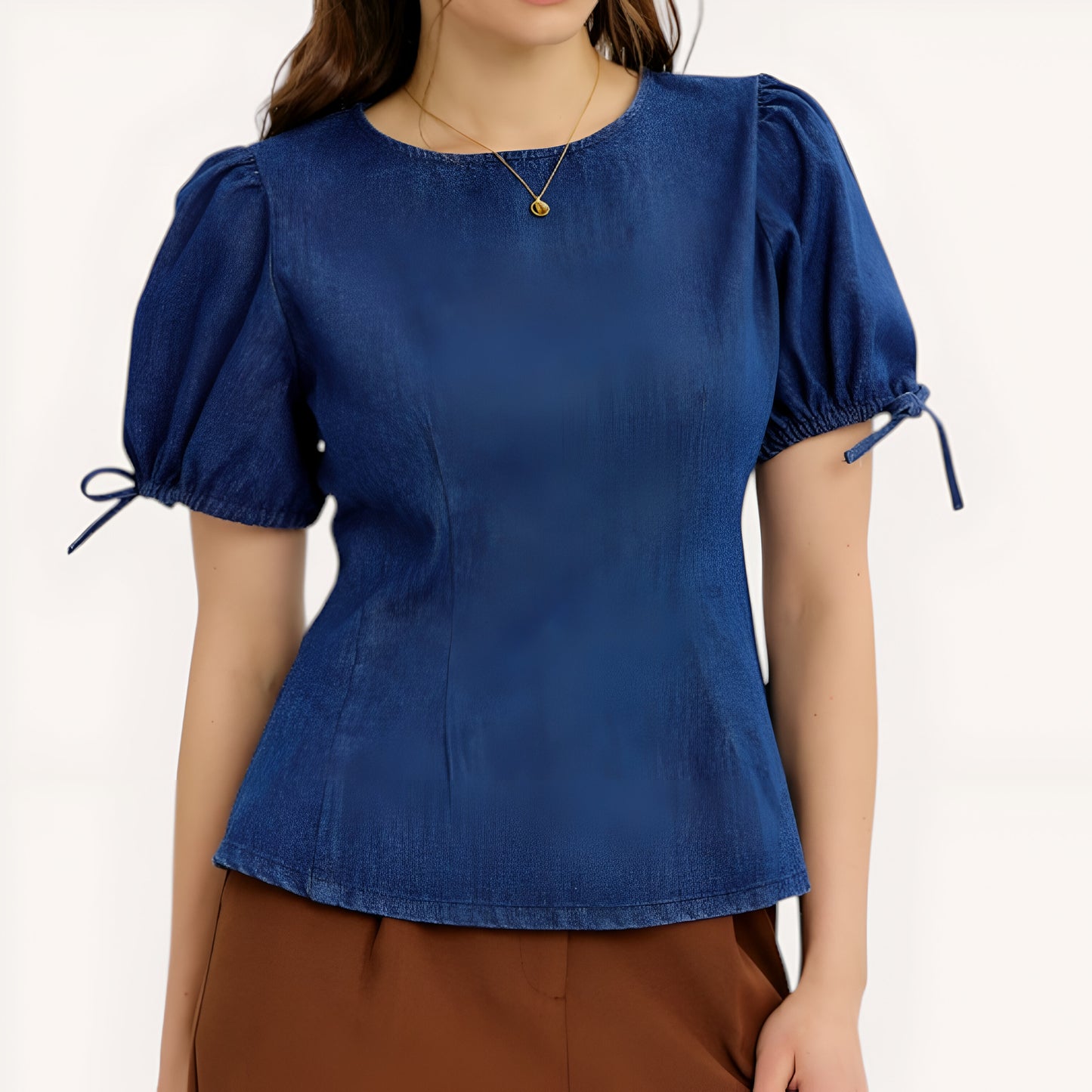 Denim Puff Sleeve Top with Round Neckline and Bow Tie Cuffs