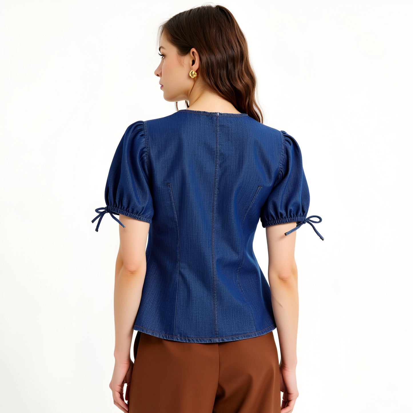 Denim Puff Sleeve Top with Round Neckline and Bow Tie Cuffs