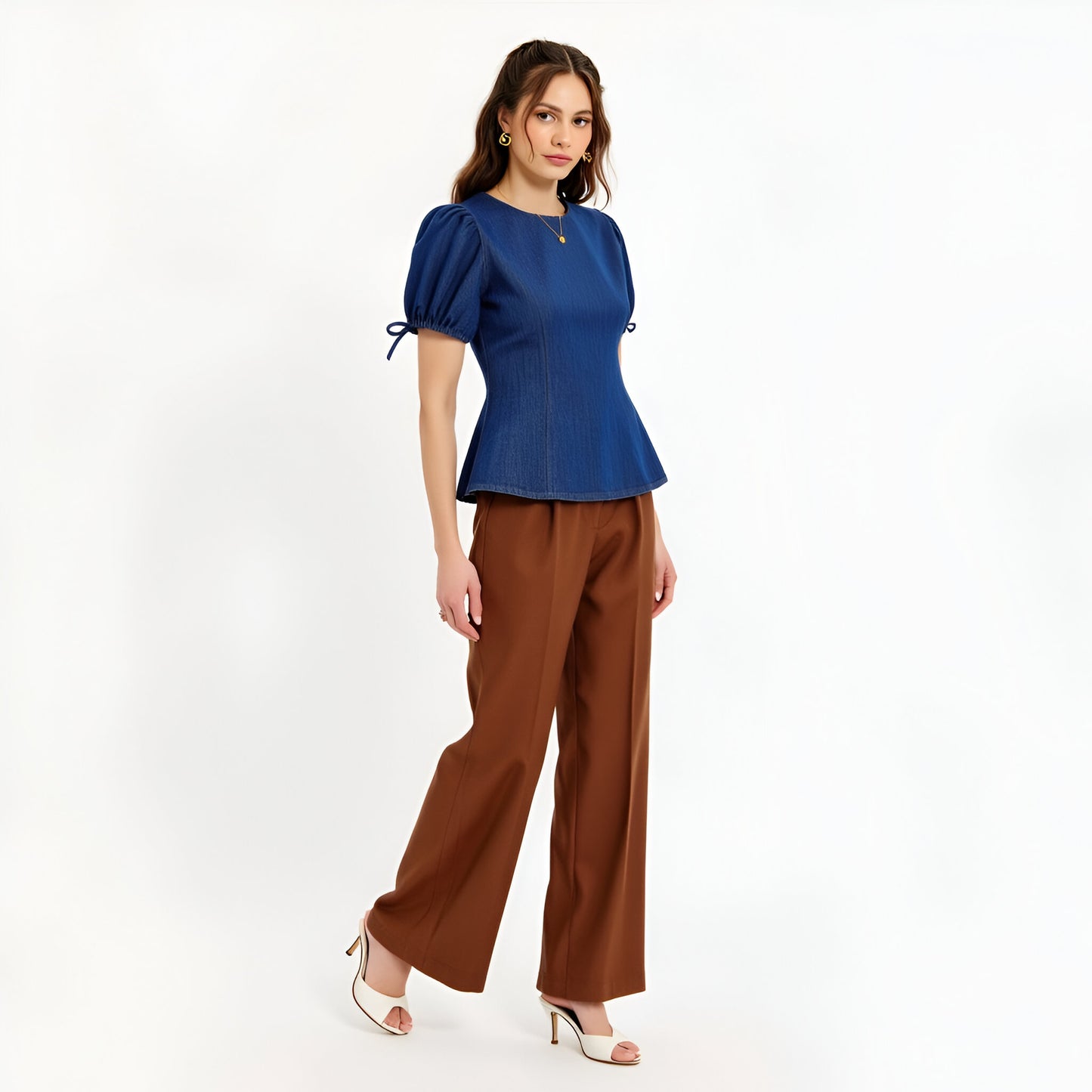 Denim Puff Sleeve Top with Round Neckline and Bow Tie Cuffs