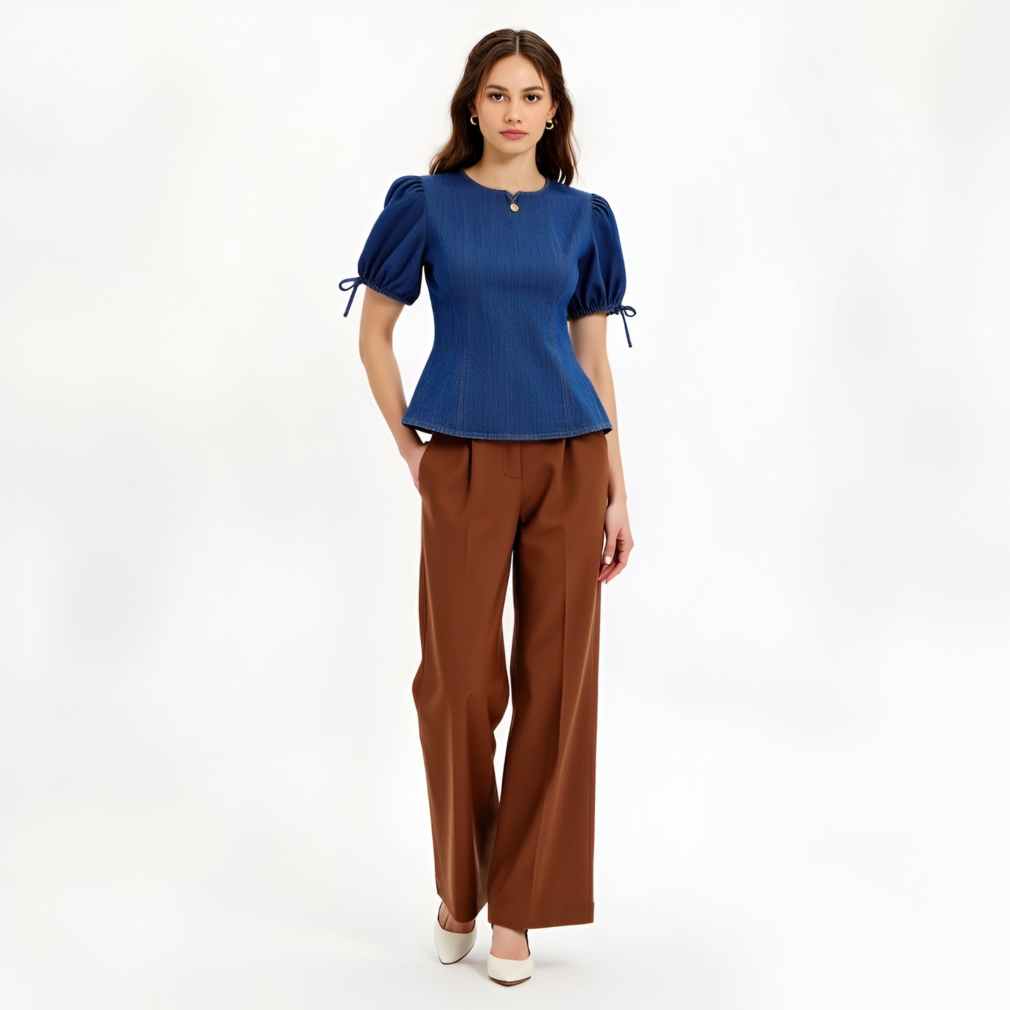Denim Puff Sleeve Top with Round Neckline and Bow Tie Cuffs