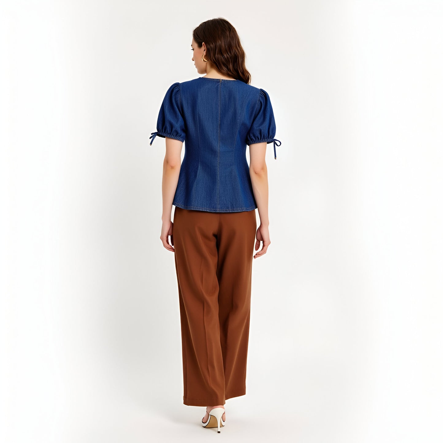 Denim Puff Sleeve Top with Round Neckline and Bow Tie Cuffs