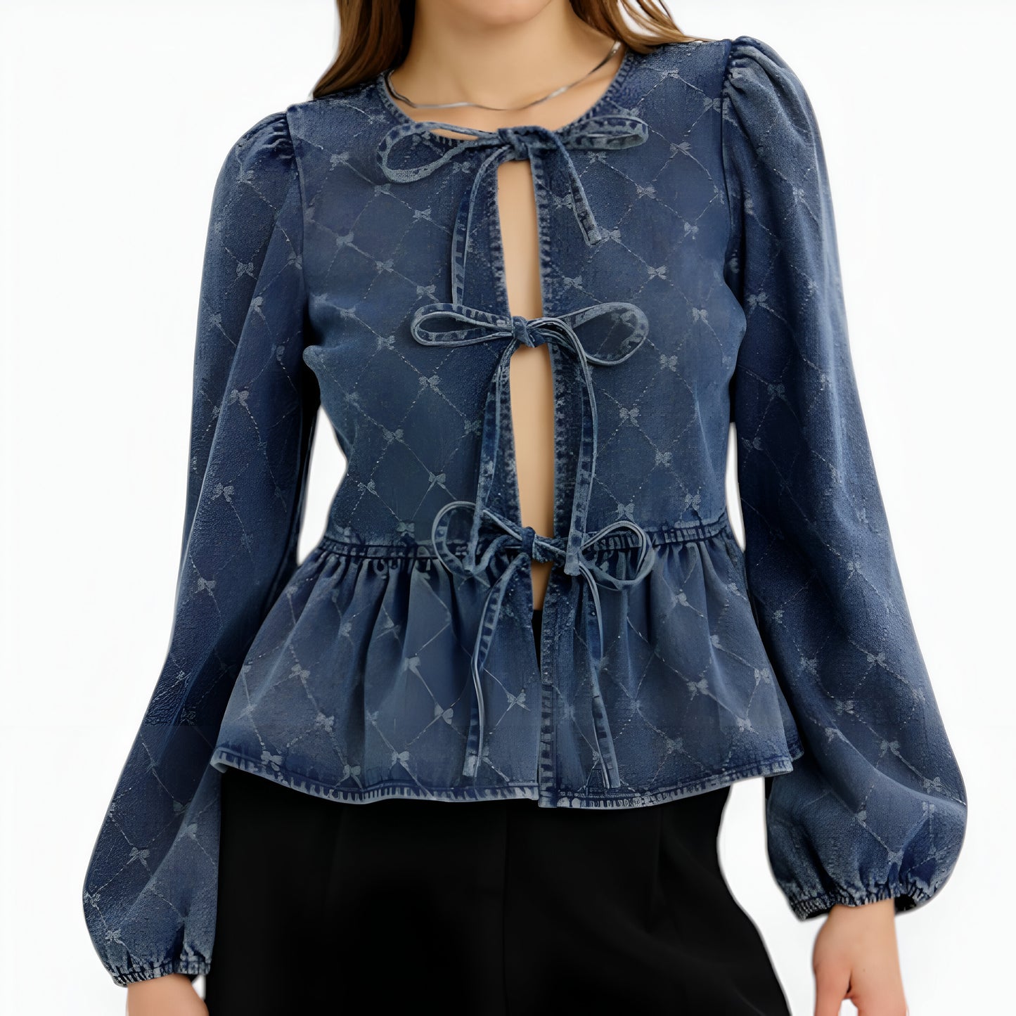 Denim Peplum Top with Puff Long Sleeves, Bow Tie Front and Embossed Print