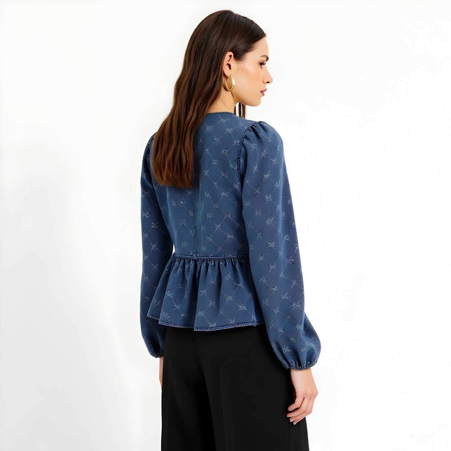 Denim Peplum Top with Puff Long Sleeves, Bow Tie Front and Embossed Print