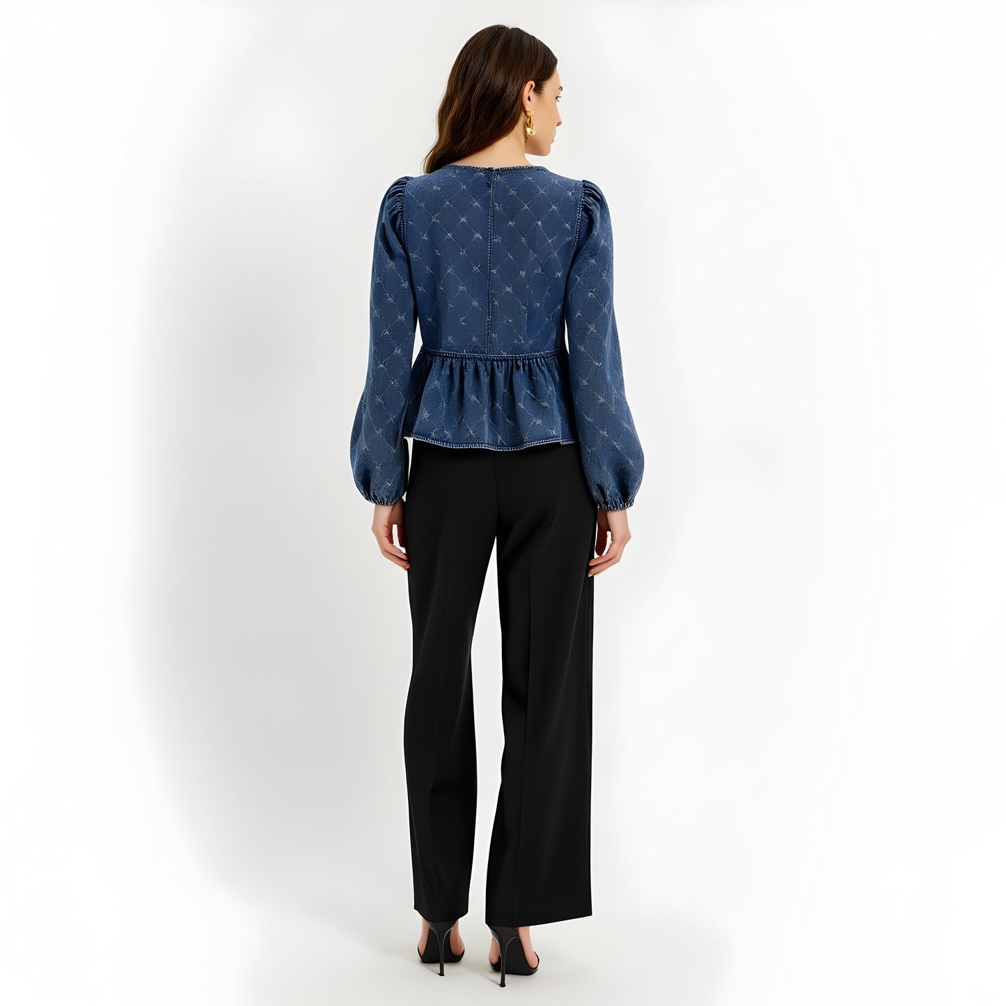 Denim Peplum Top with Puff Long Sleeves, Bow Tie Front and Embossed Print