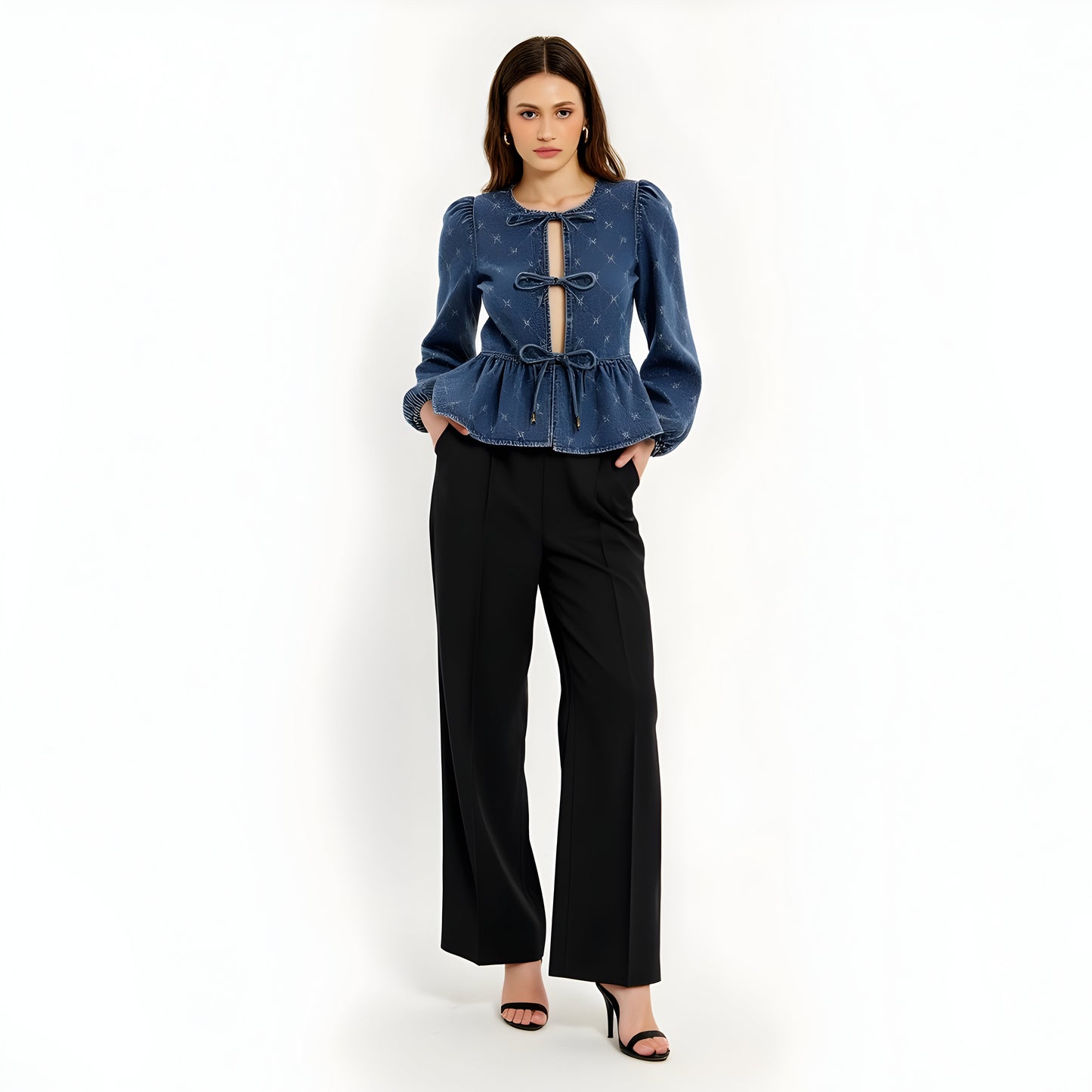 Denim Peplum Top with Puff Long Sleeves, Bow Tie Front and Embossed Print