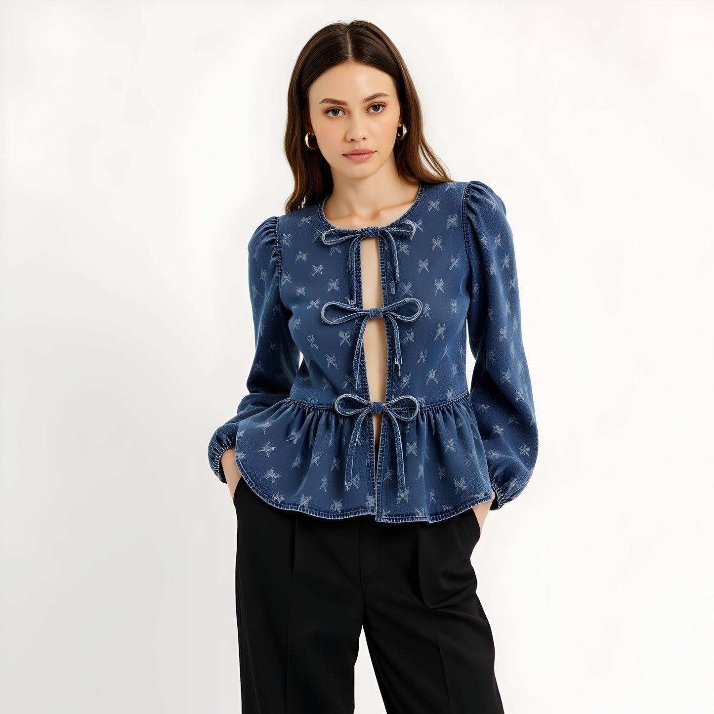 Denim Peplum Top with Puff Long Sleeves, Bow Tie Front and Embossed Print