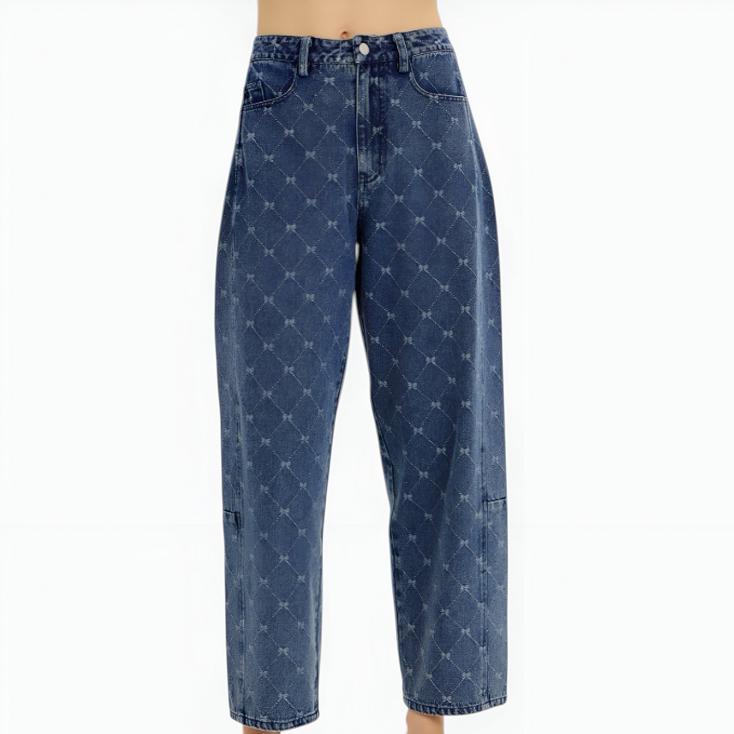 Embroidered Denim Trousers with Barrel Leg Silhouette and High Rise Waist