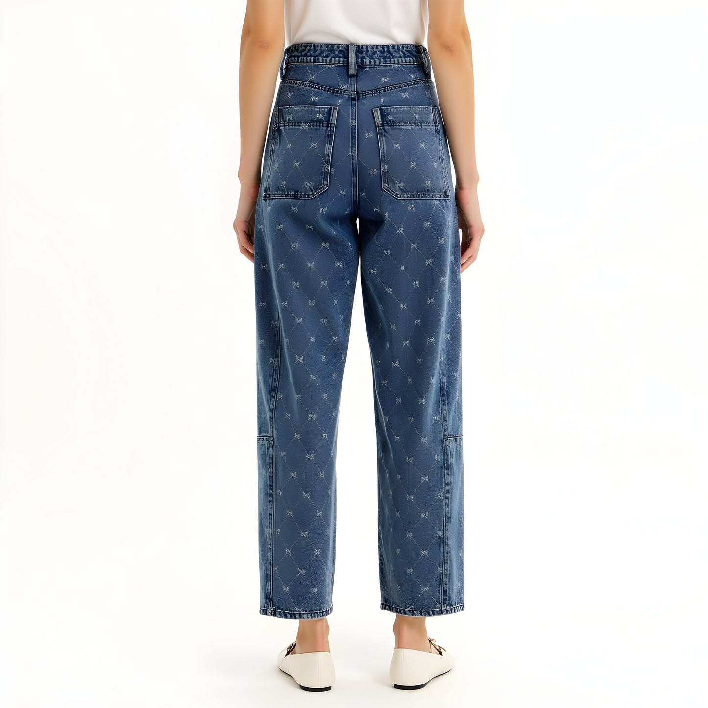Embroidered Denim Trousers with Barrel Leg Silhouette and High Rise Waist