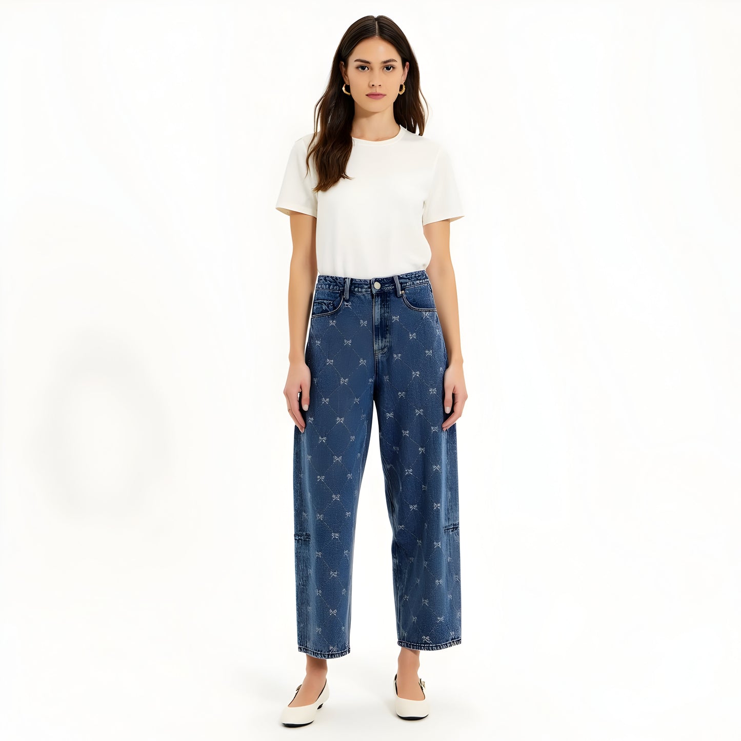 Embroidered Denim Trousers with Barrel Leg Silhouette and High Rise Waist
