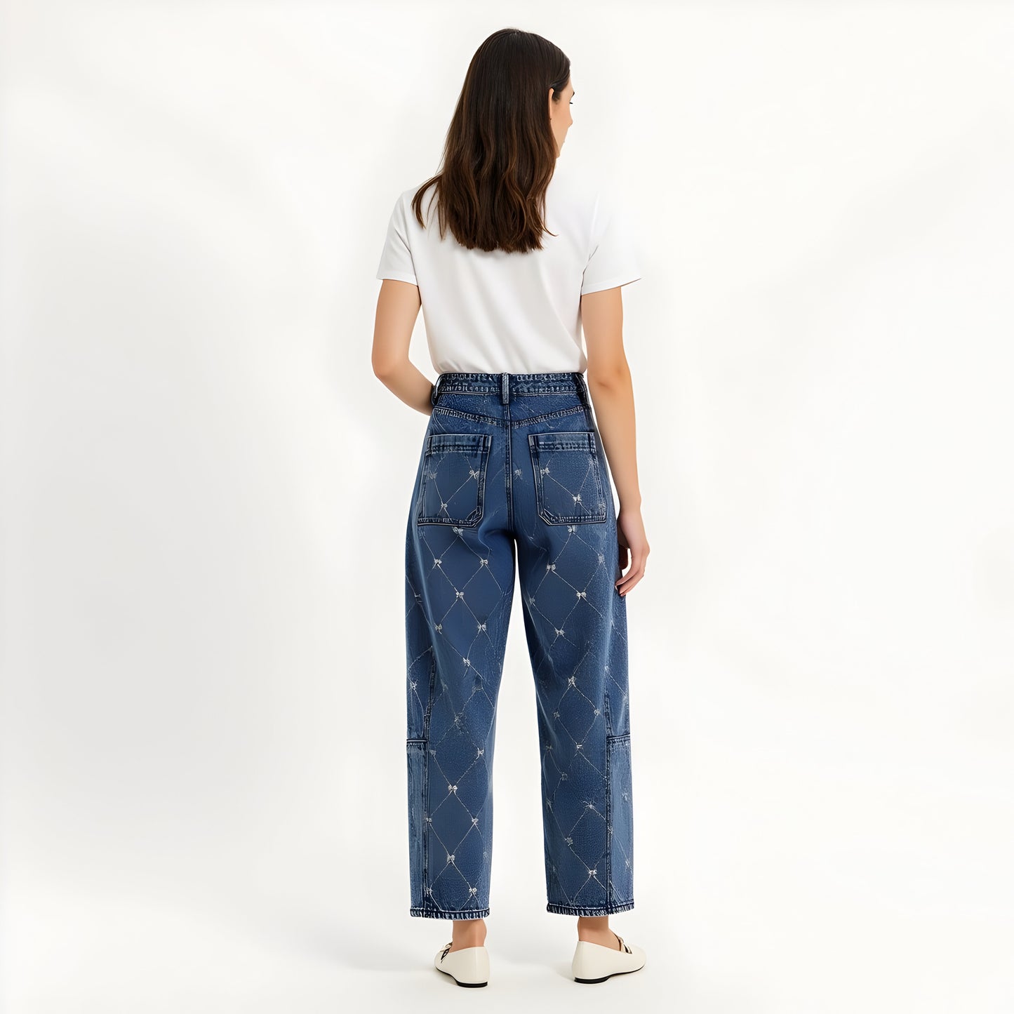 Embroidered Denim Trousers with Barrel Leg Silhouette and High Rise Waist