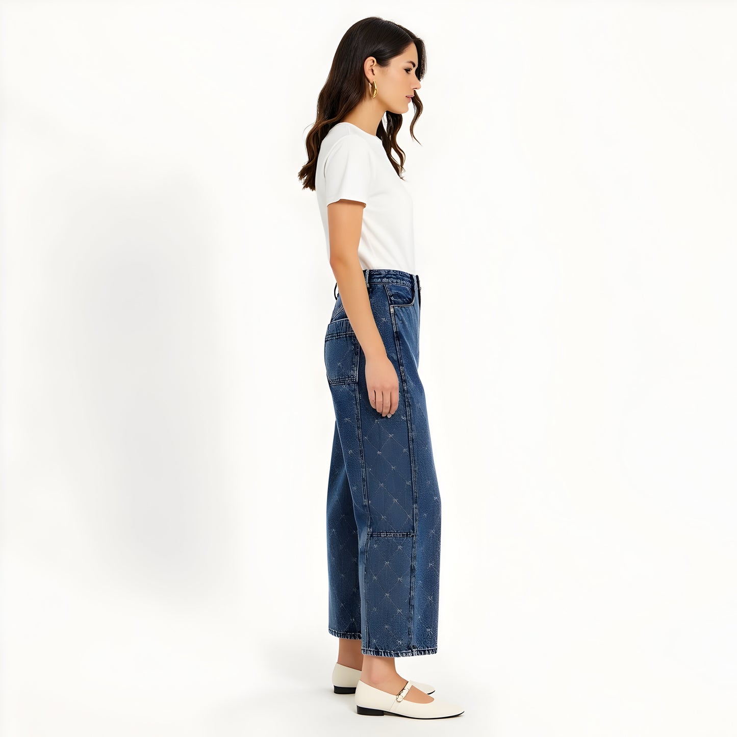 Embroidered Denim Trousers with Barrel Leg Silhouette and High Rise Waist