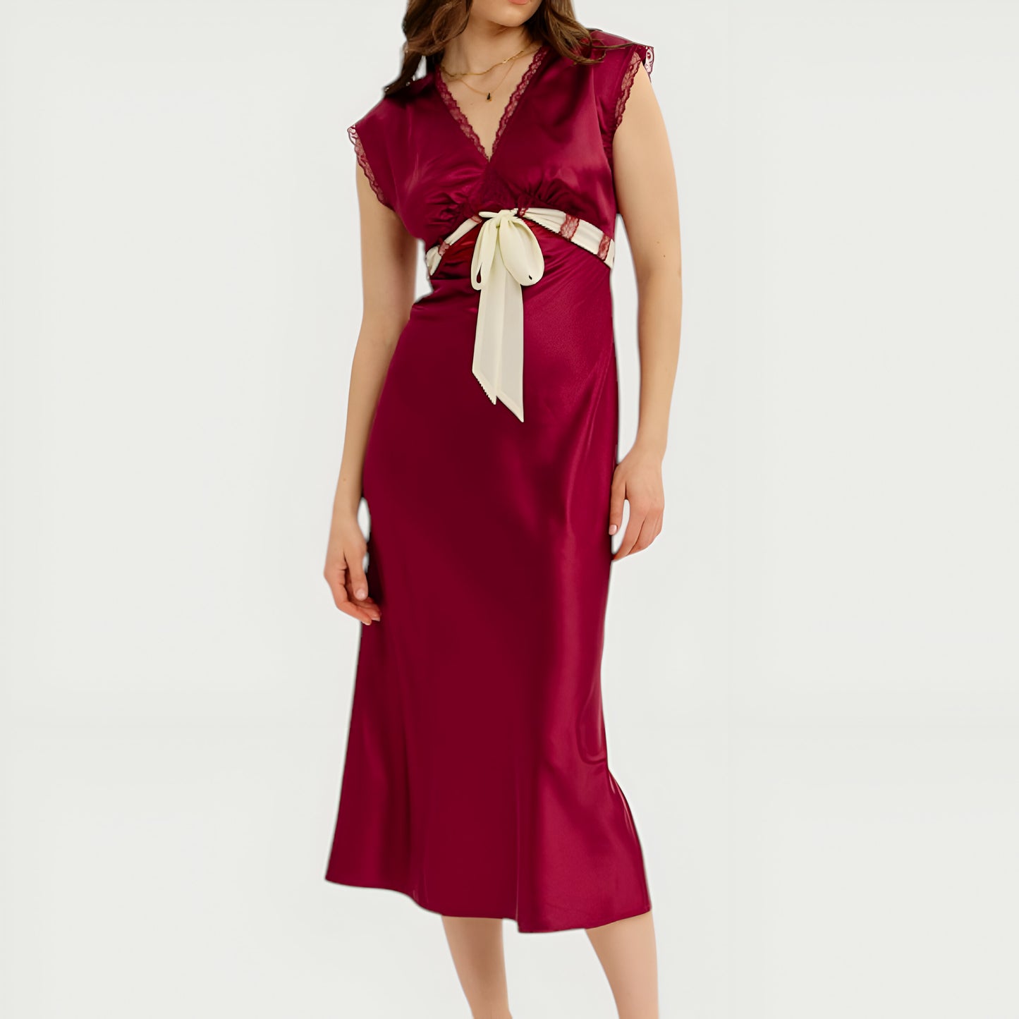 Satin Maxi Dress with Lace Trim, V-Neckline and Contrast Waist Tie