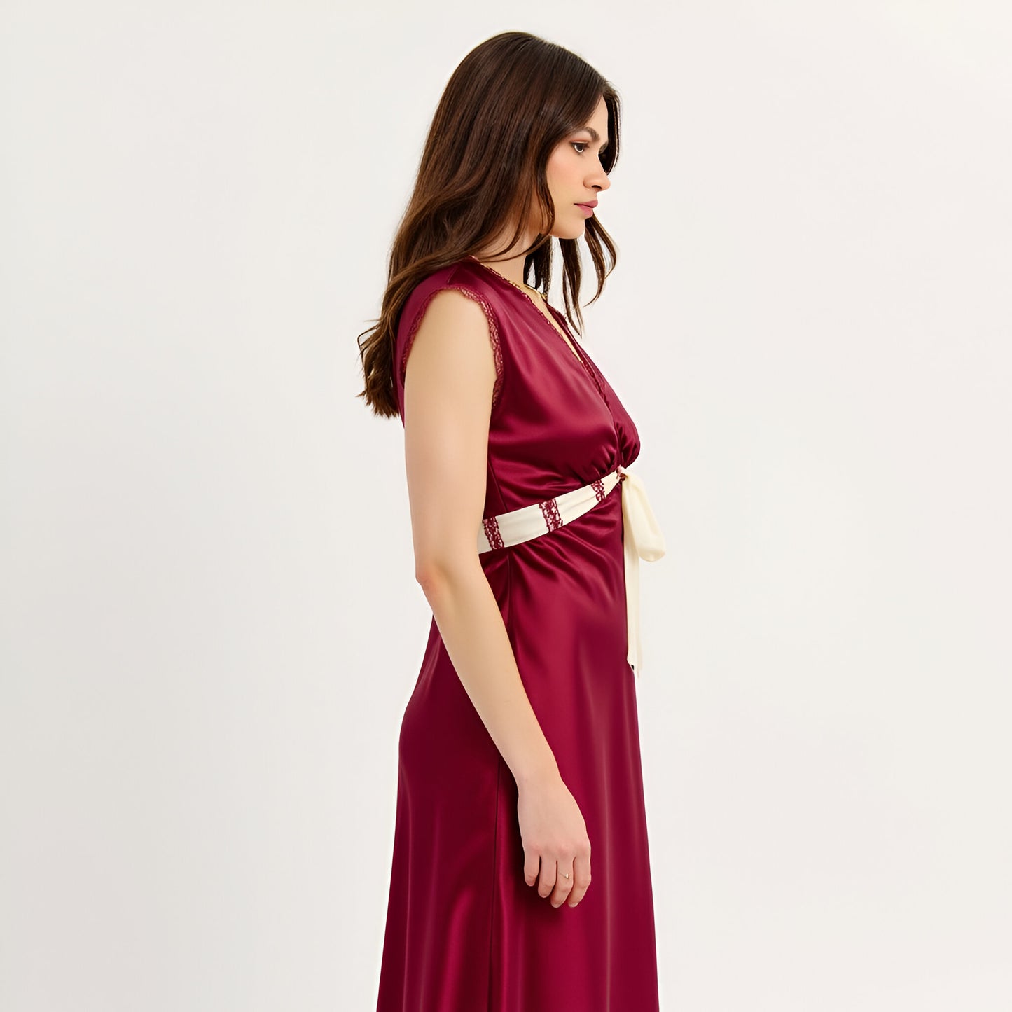 Satin Maxi Dress with Lace Trim, V-Neckline and Contrast Waist Tie