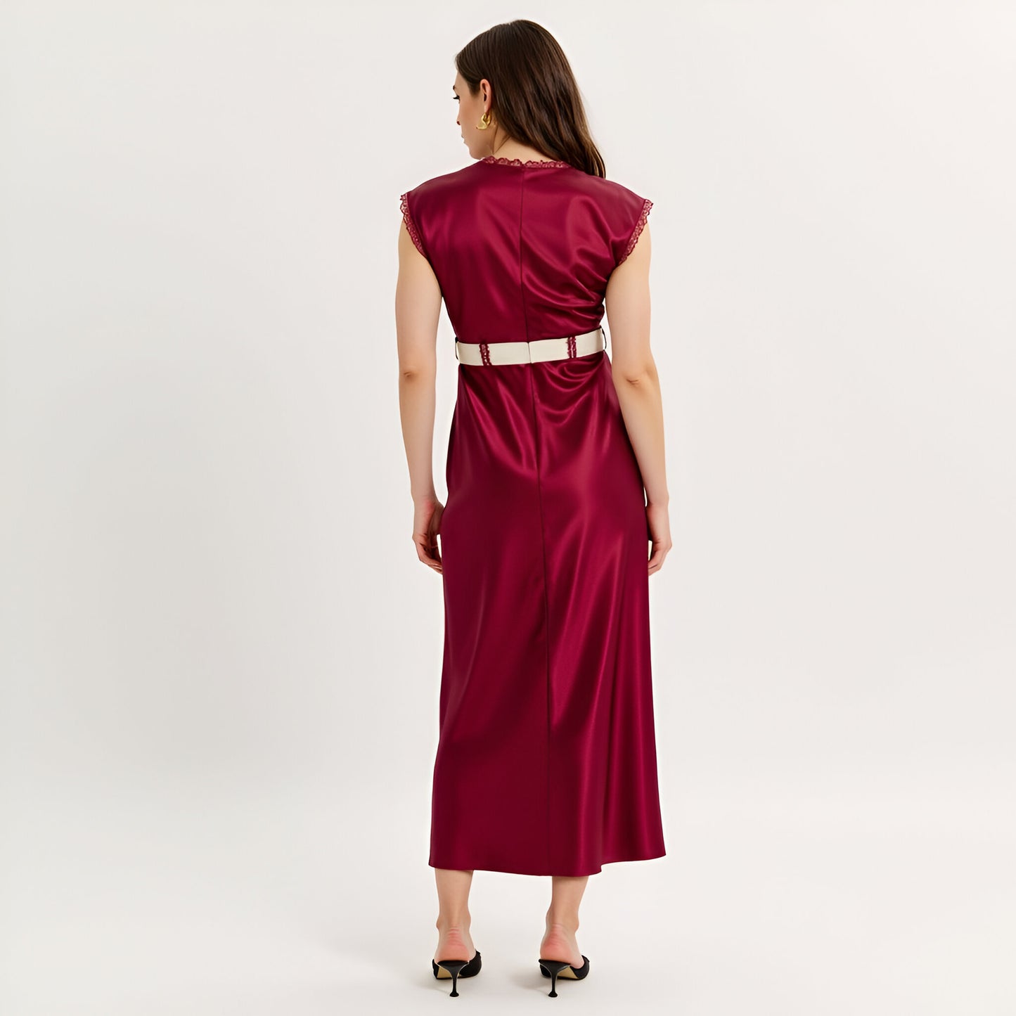 Satin Maxi Dress with Lace Trim, V-Neckline and Contrast Waist Tie