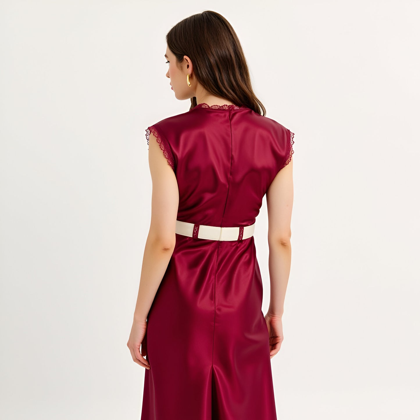 Satin Maxi Dress with Lace Trim, V-Neckline and Contrast Waist Tie