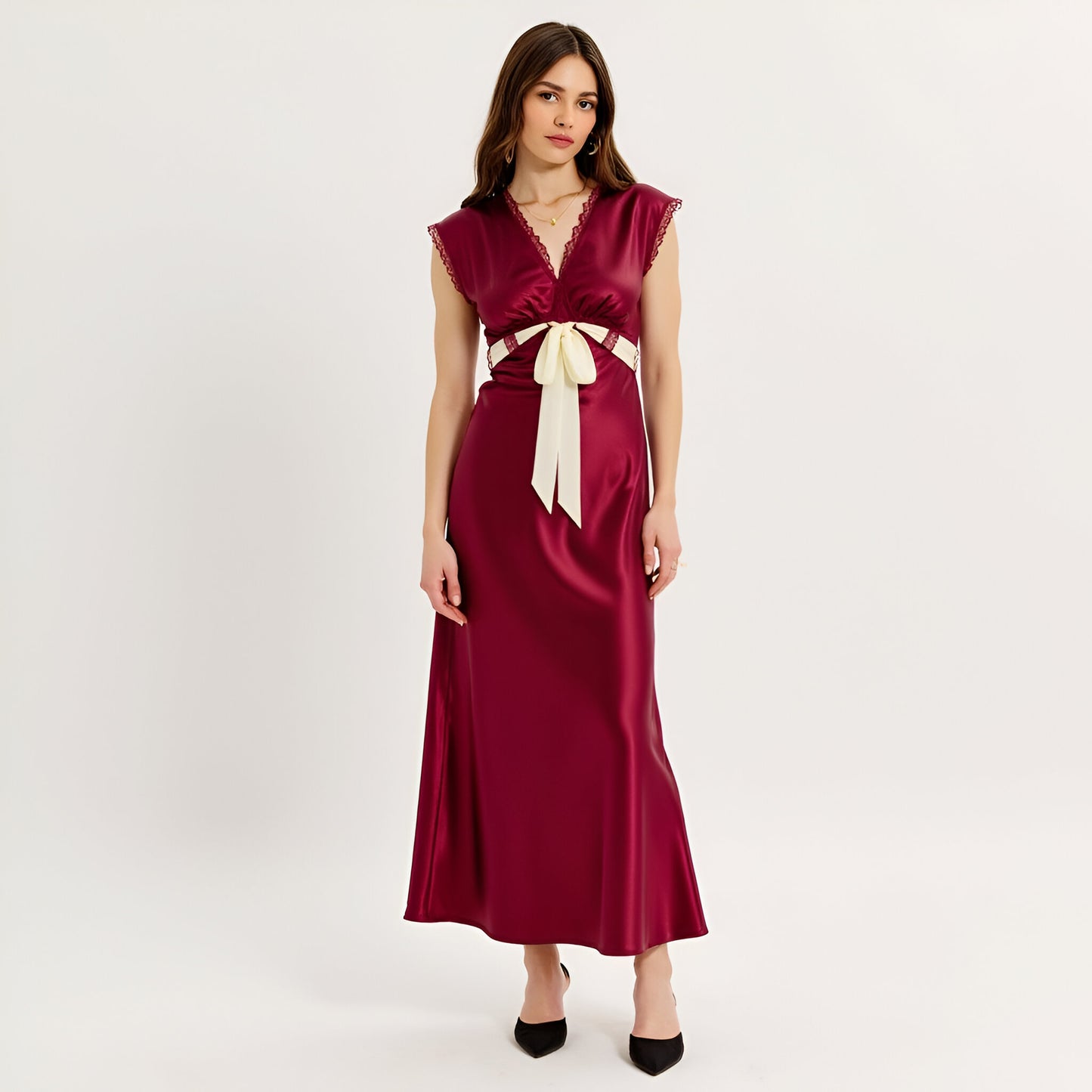 Satin Maxi Dress with Lace Trim, V-Neckline and Contrast Waist Tie