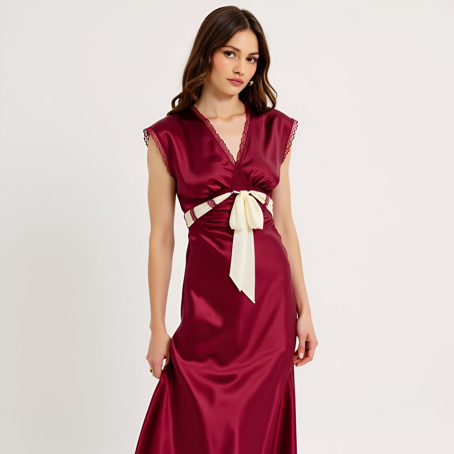 Satin Maxi Dress with Lace Trim, V-Neckline and Contrast Waist Tie
