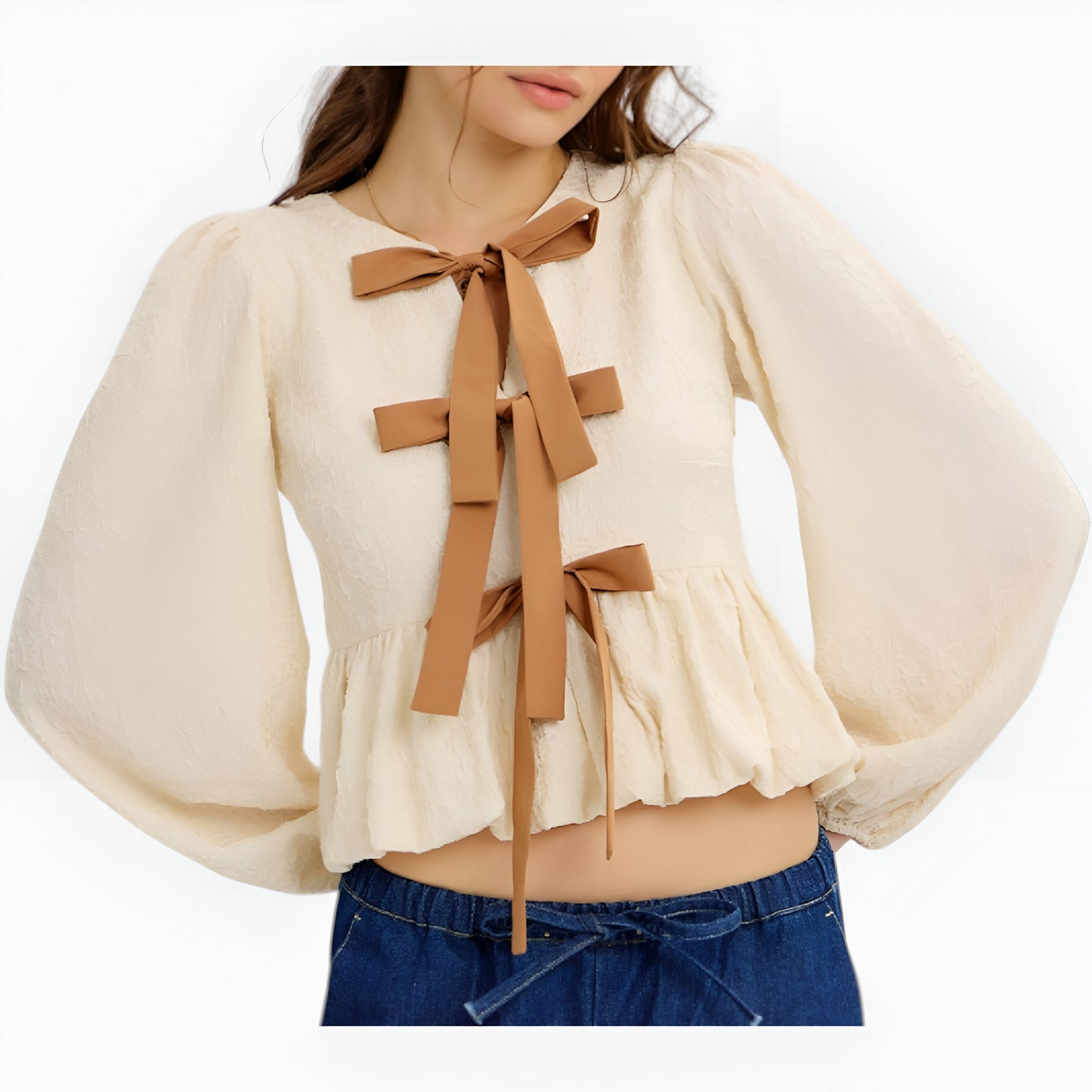 Textured Peplum Top with Long Sleeves, Bows and Puff Shoulder