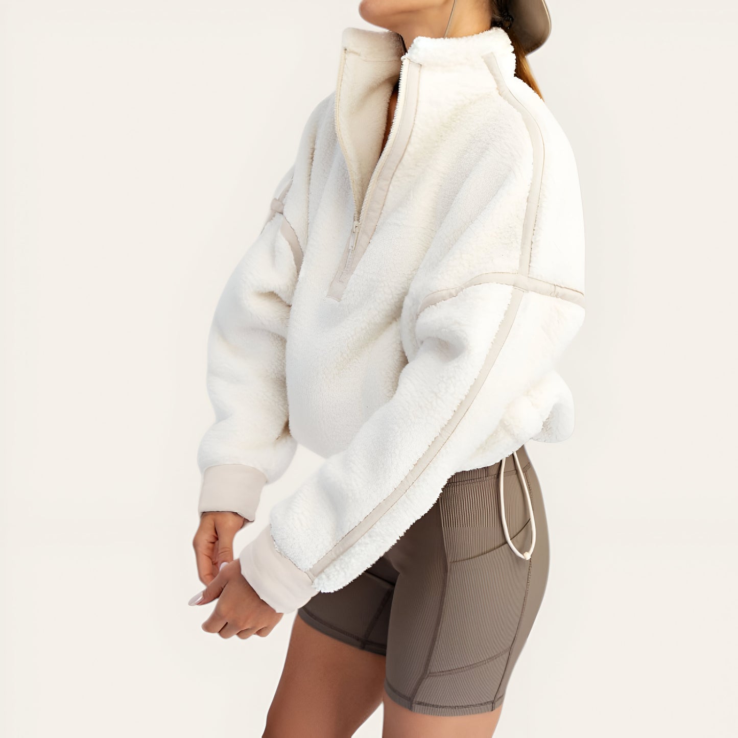 Plush Quarter-Zip Pullover with High Collar and Ribbed Hem Details