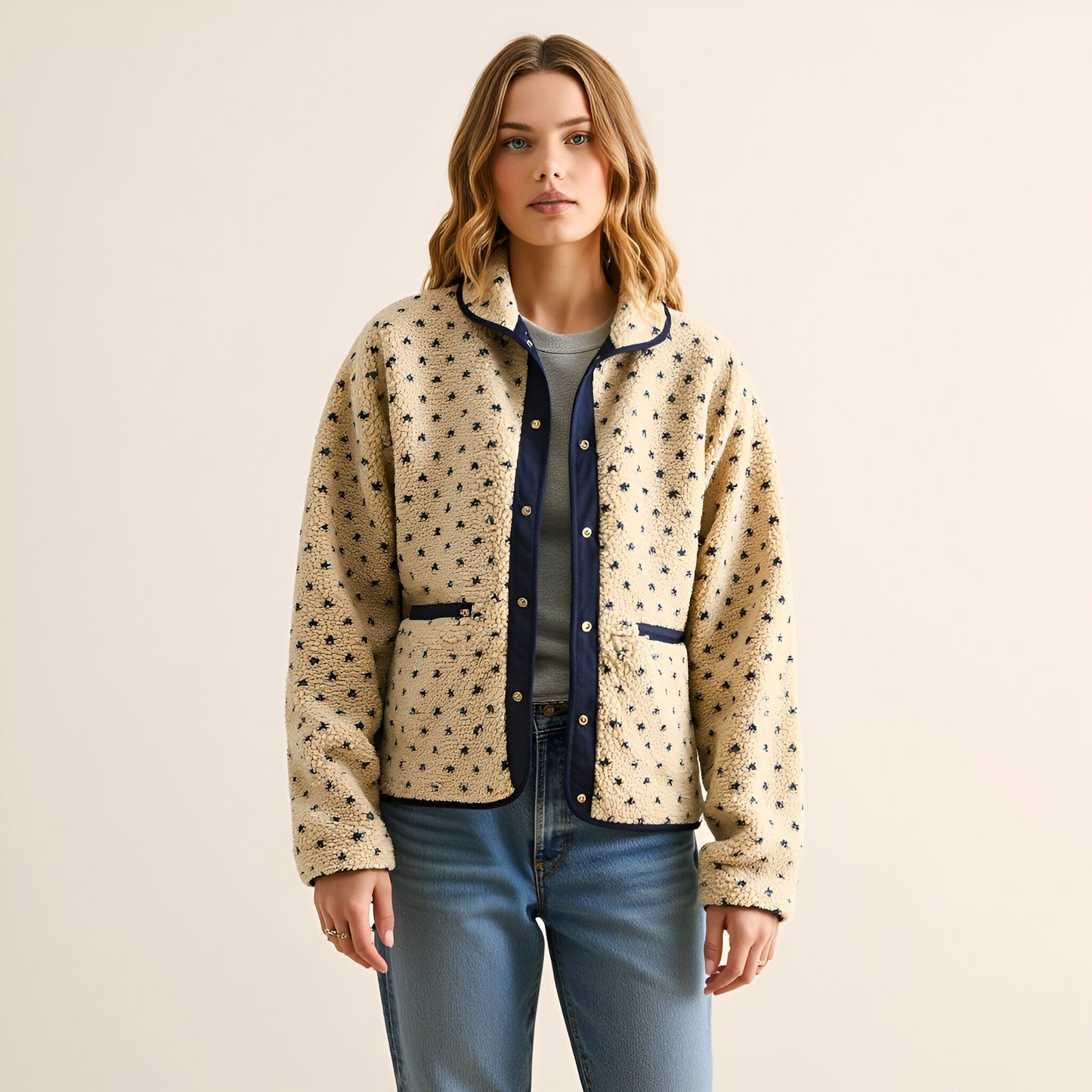 Printed Fleece Jacket with Snap Front and Contrast Trim