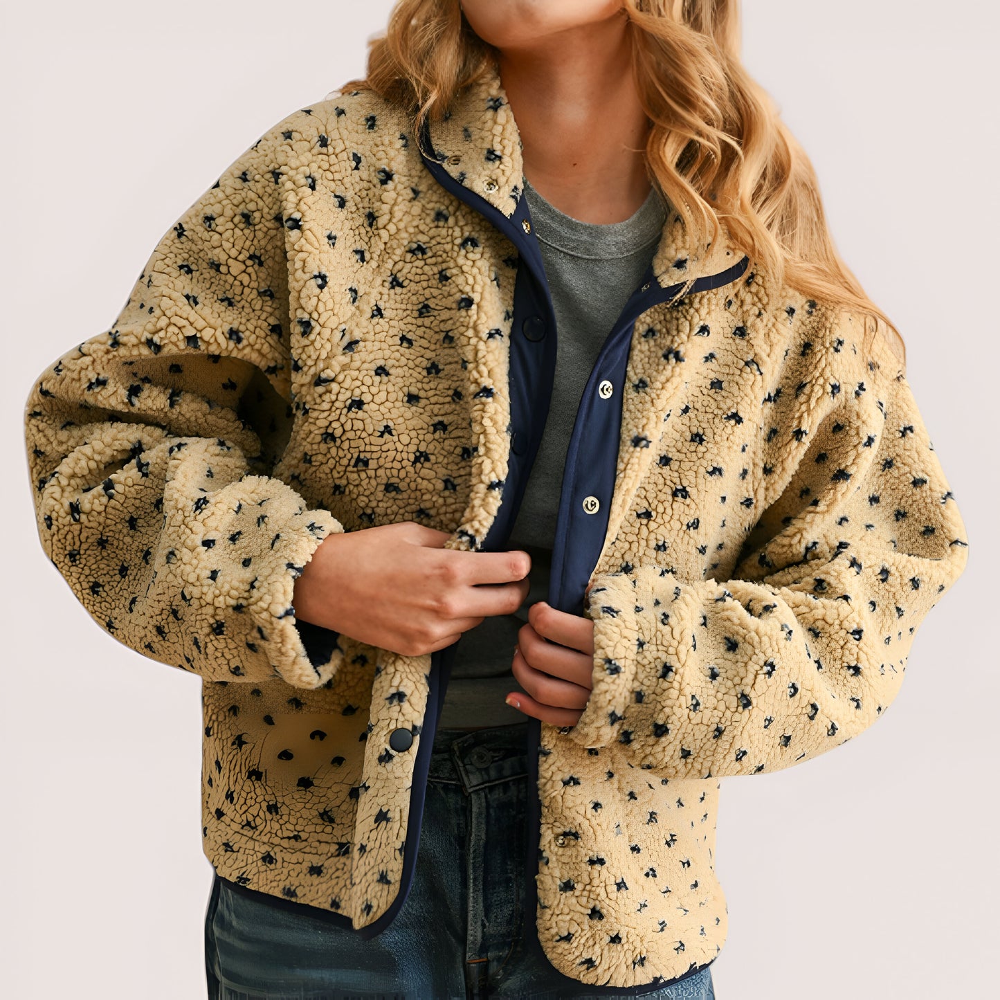 Printed Fleece Jacket with Snap Front and Contrast Trim