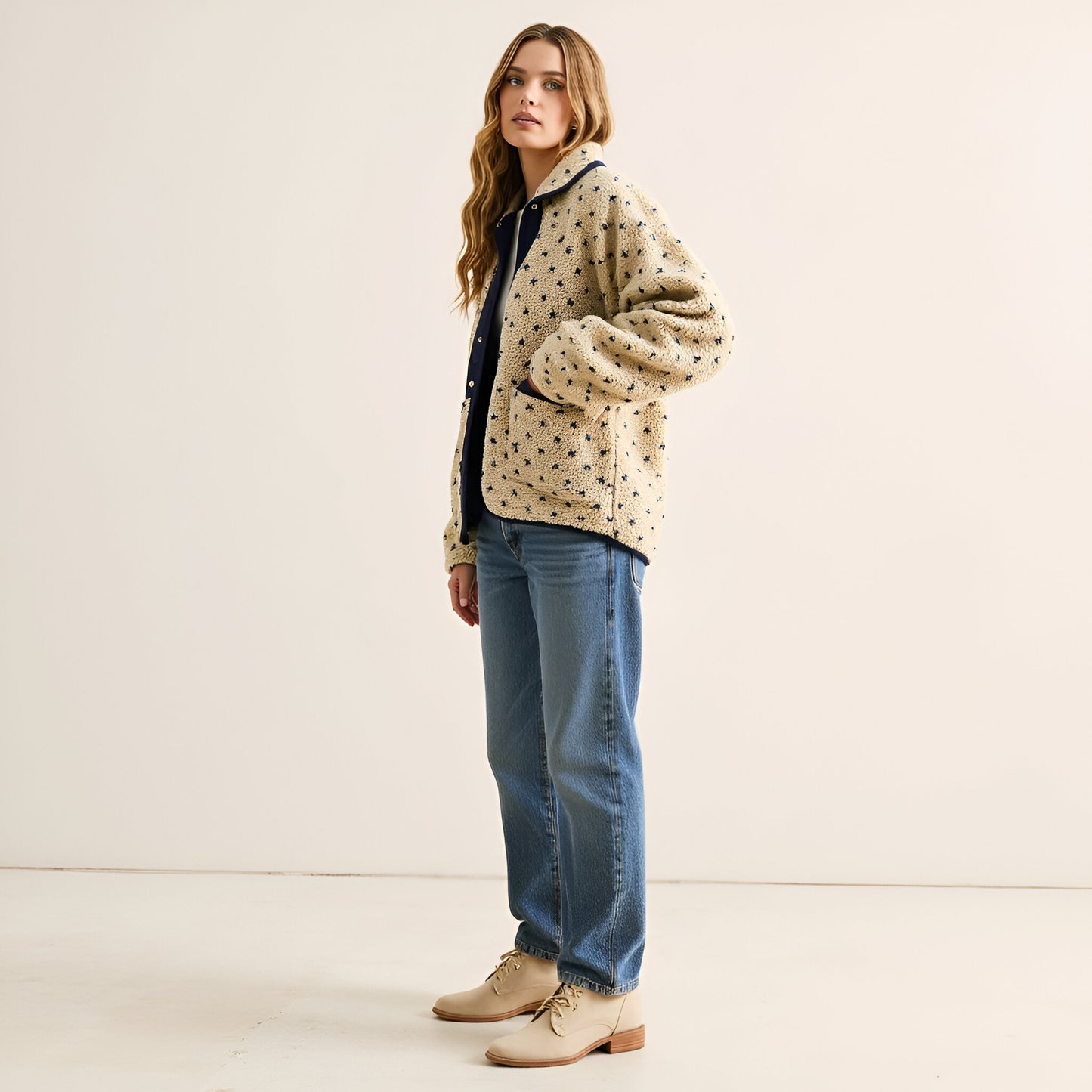 Printed Fleece Jacket with Snap Front and Contrast Trim