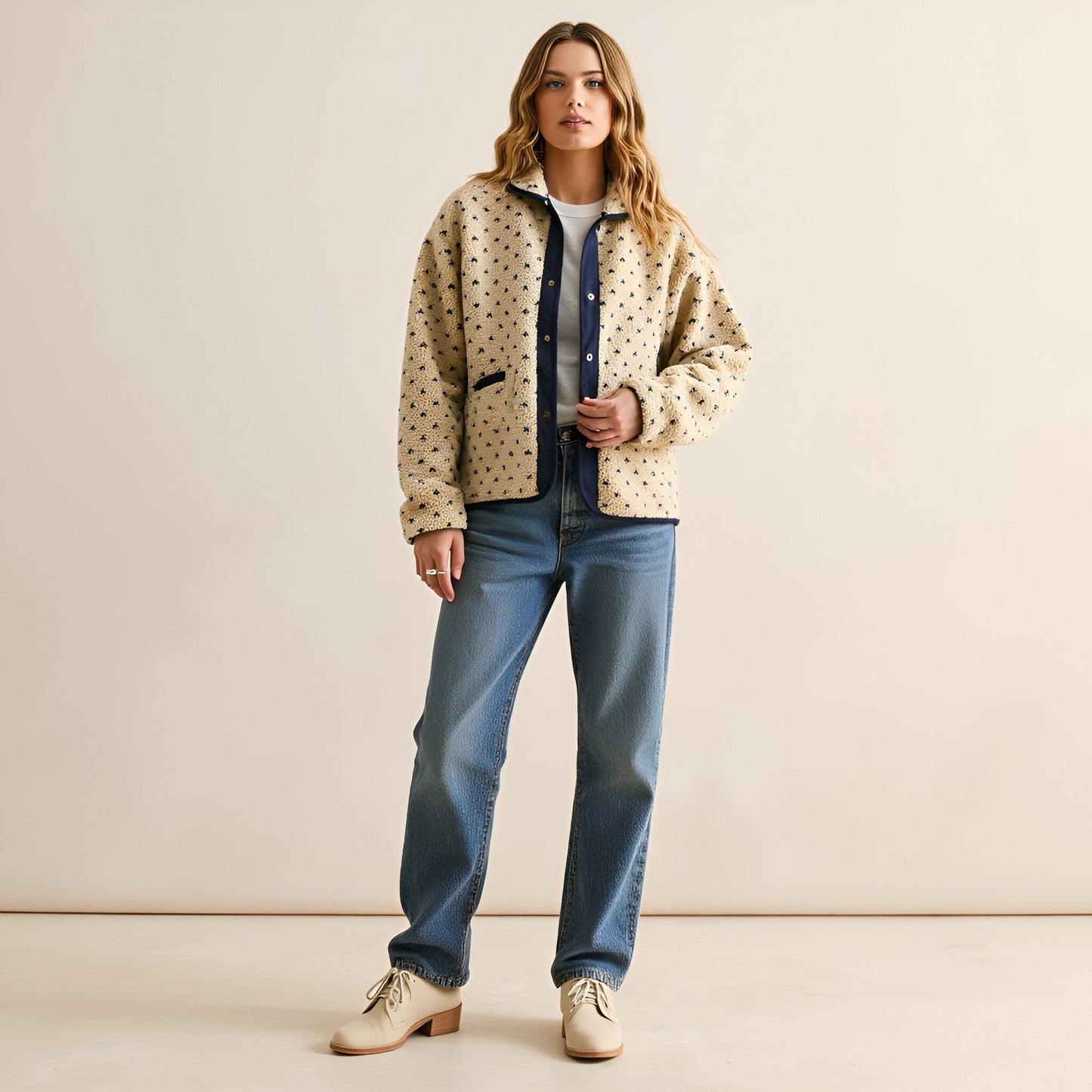 Printed Fleece Jacket with Snap Front and Contrast Trim