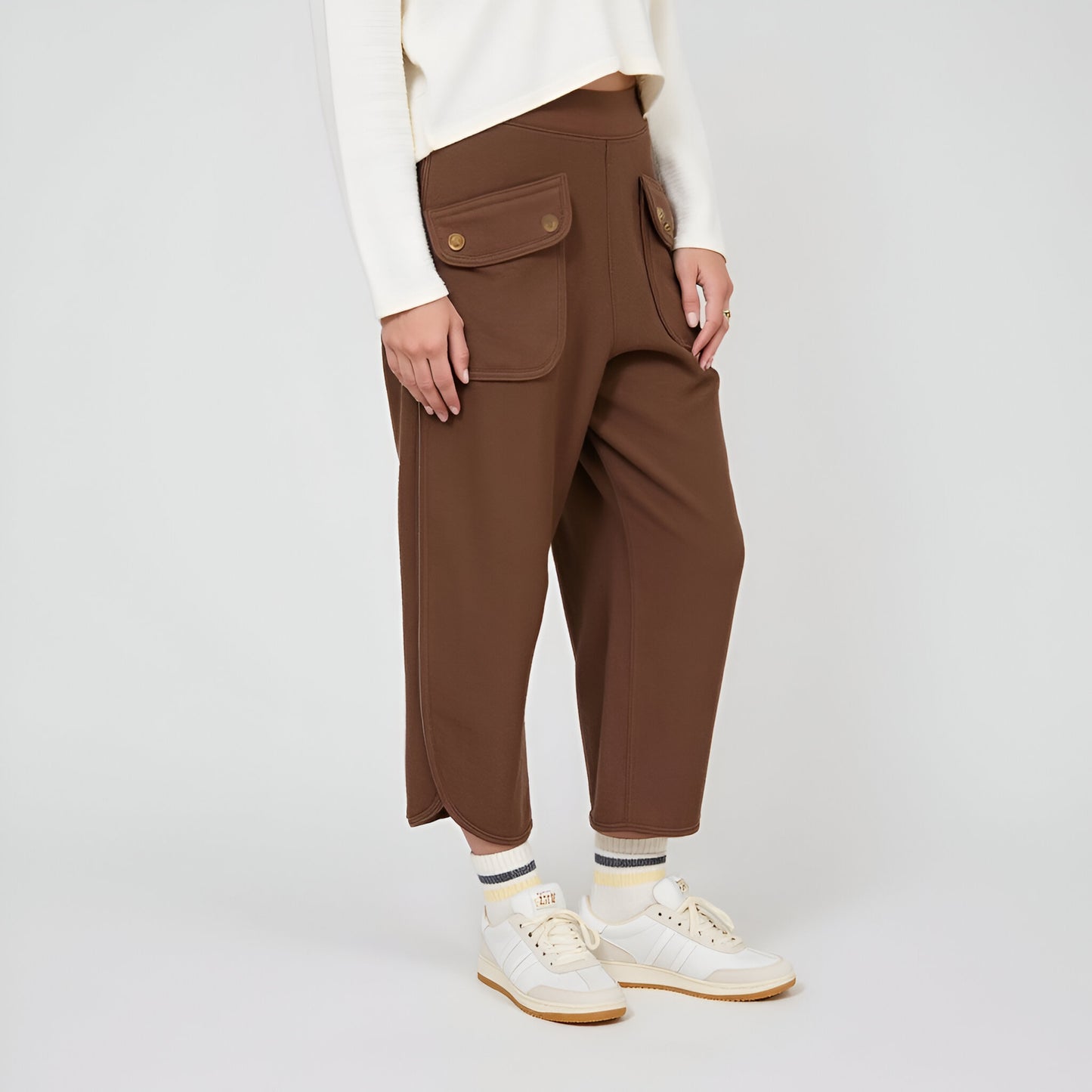 Wide-Leg Knit Crop Pants with Front Flap Pockets and Elastic Waistband