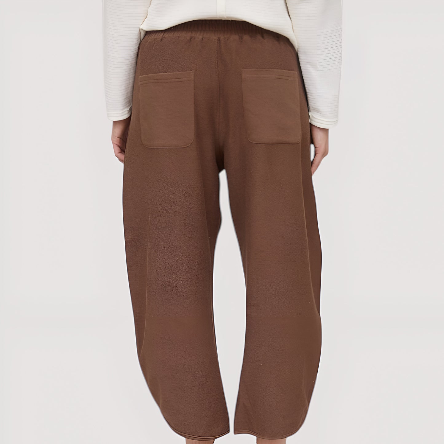 Wide-Leg Knit Crop Pants with Front Flap Pockets and Elastic Waistband