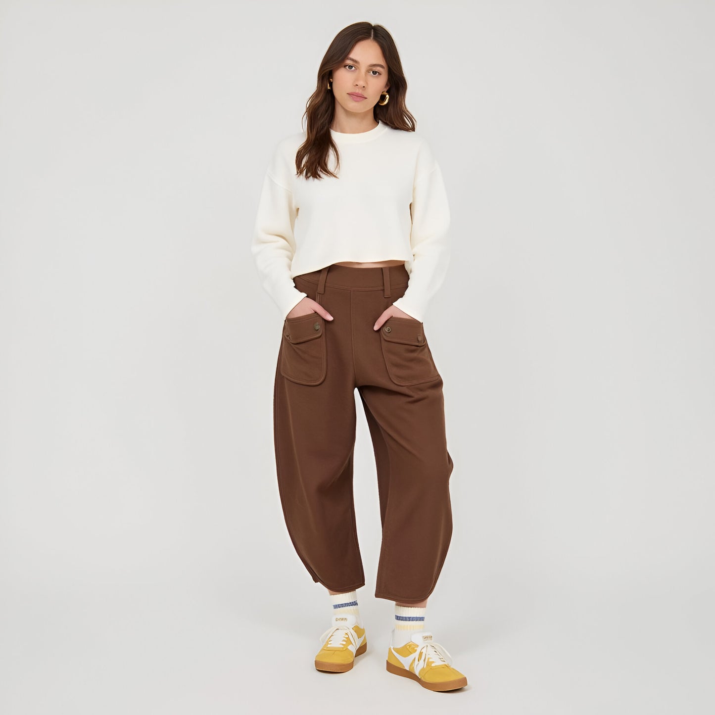 Wide-Leg Knit Crop Pants with Front Flap Pockets and Elastic Waistband